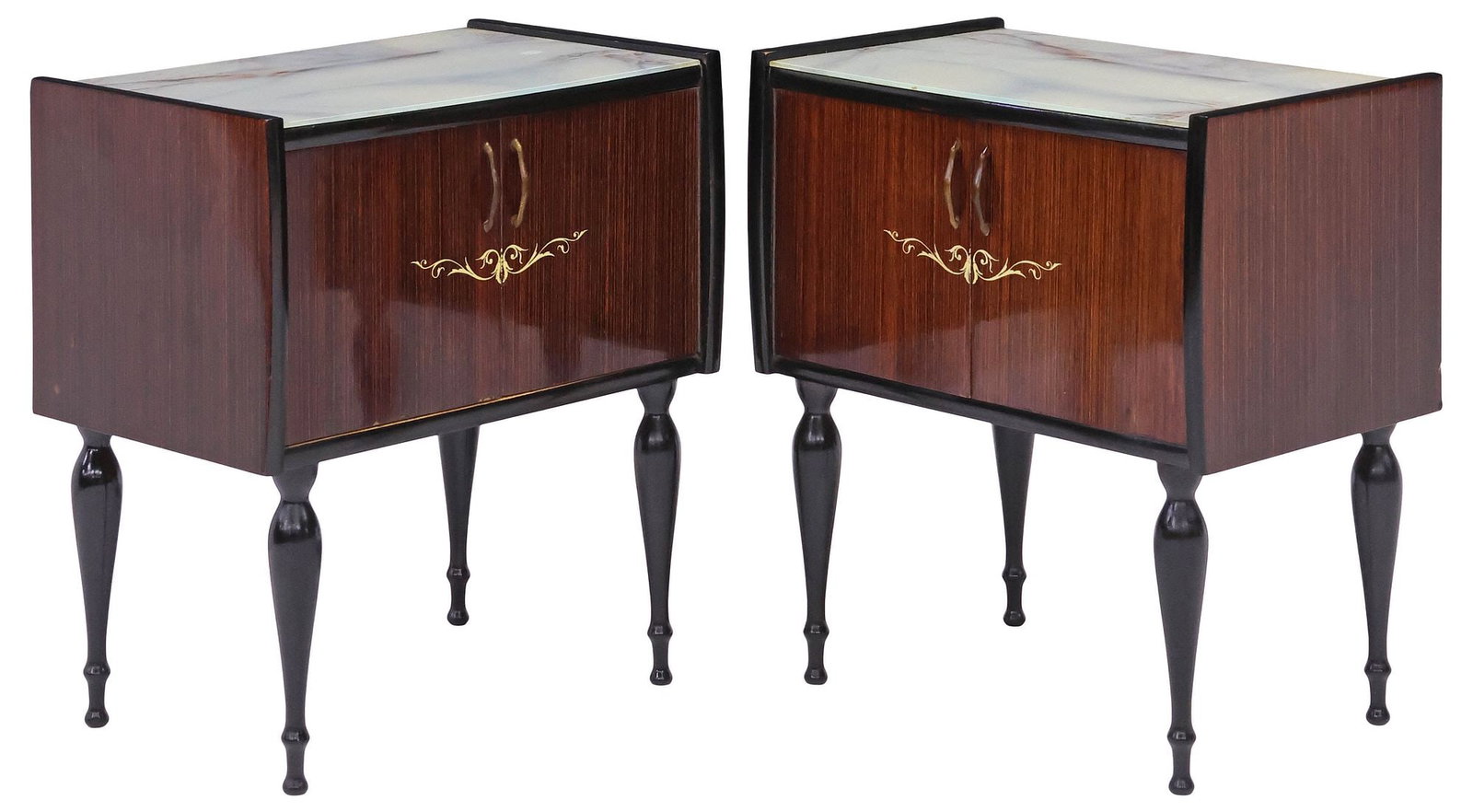 (2) ITALIAN MID-CENTURY MODERN GLASS-TOP LACQUERED NIGHTSTANDS: (pair) Italian mid-century modern bedside cabinets, c.1960s, having glass top, dual doors revealing open interior, with parcel-ebonized trim, rising on turned legs, approx 22.5"h, 21"w, 12.75"d