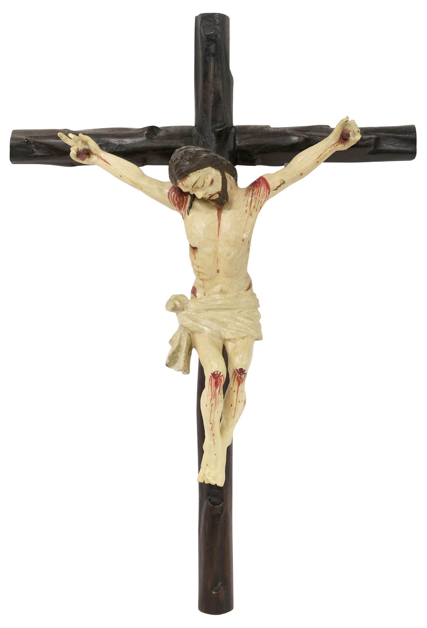 LARGE MEXICAN FOLK ART CARVED & PAINTED WOOD CRUCIFIX, 27"H (1 of 4)