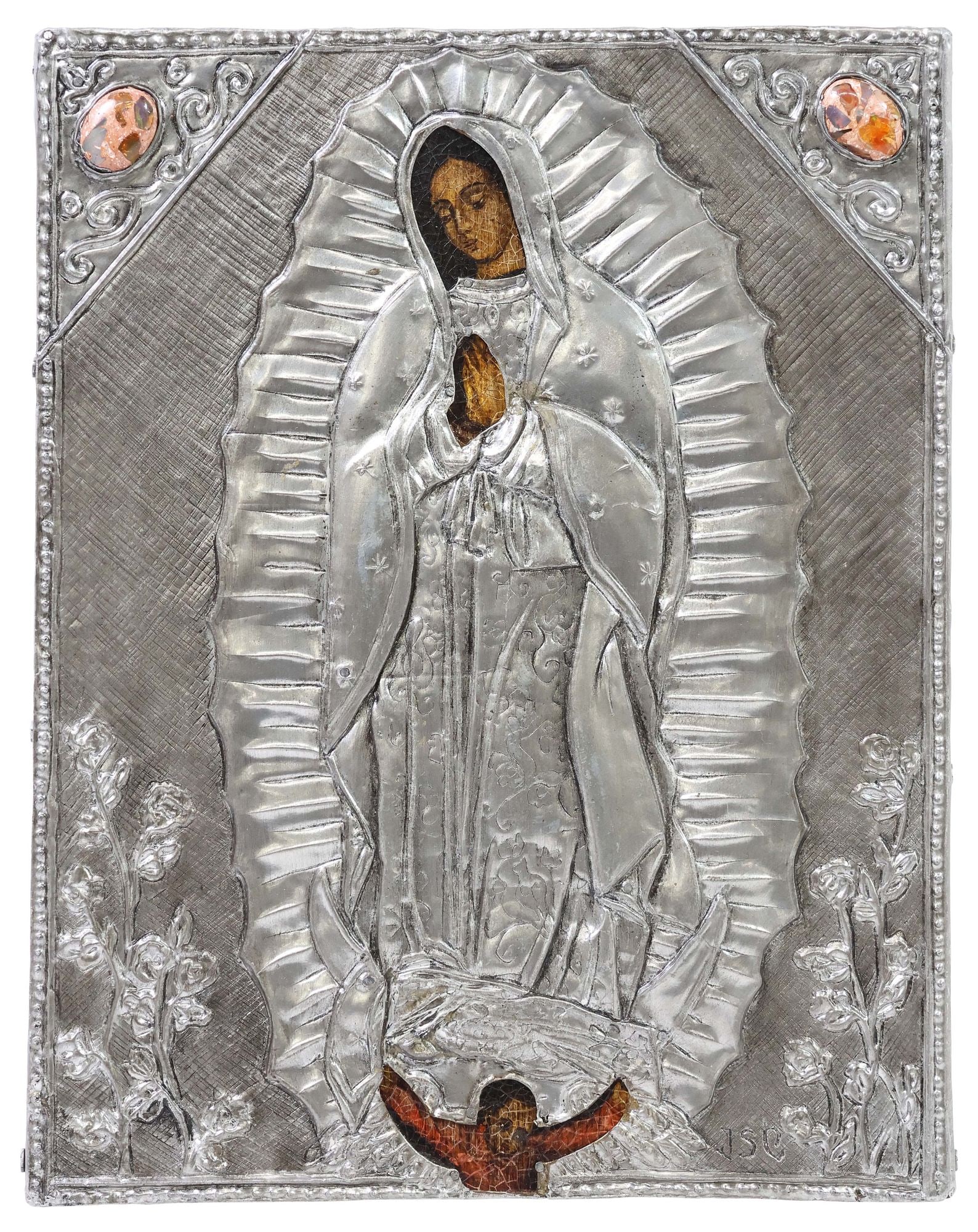 ISABEL CREIXELL (B.1949) PEWTER-CLAD 'VIRGIN OF GUADALUPE' ICON PANEL (1 of 8)