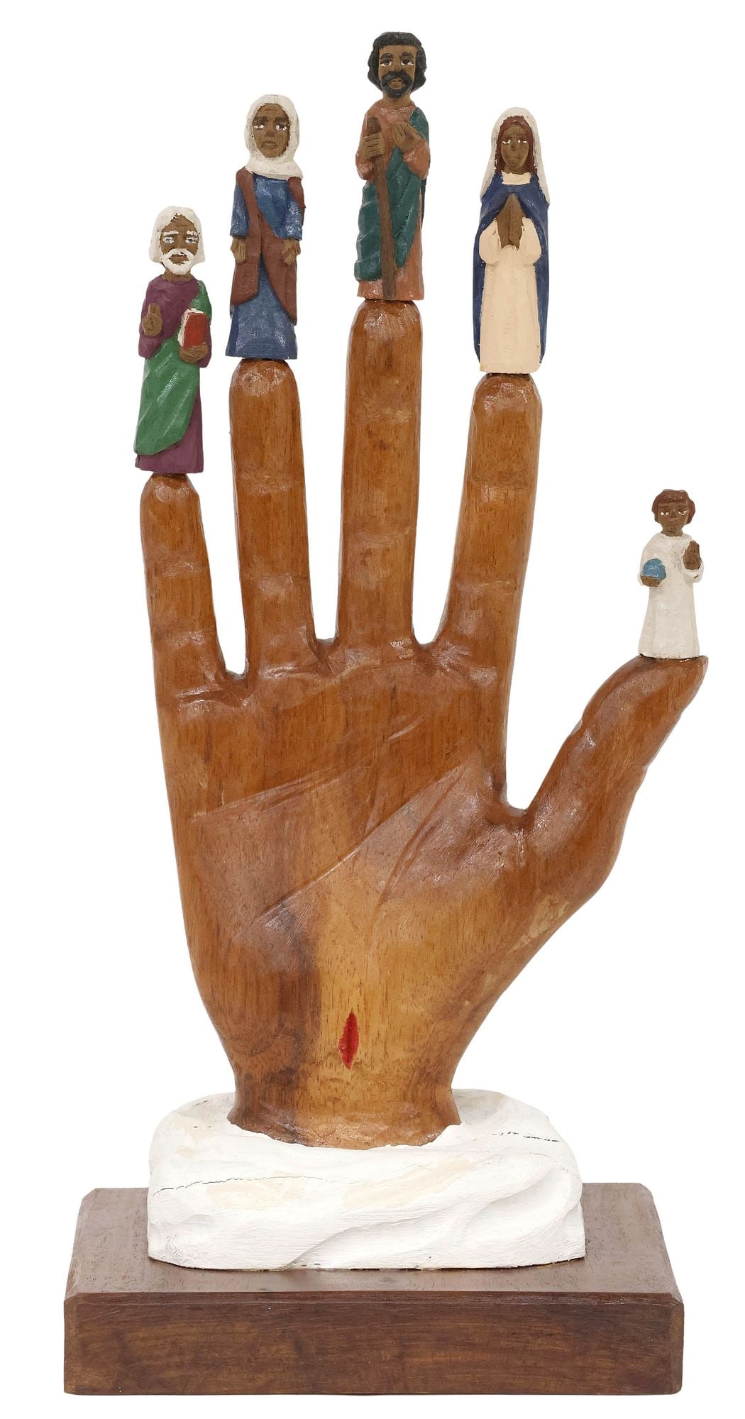 PUERTO RICAN FOLK ART CARVED & PAINTED SCULPTURE, 'LA MANO PODEROSA': Folk art carved and polychrome-painted wood sculpture, Mano Poderosa (The Omnipotent Powerful Hand), Corozal, Puerto Rico, c.1970s, signed Alegro? in pencil underfoot, depicting the Holy Family standi