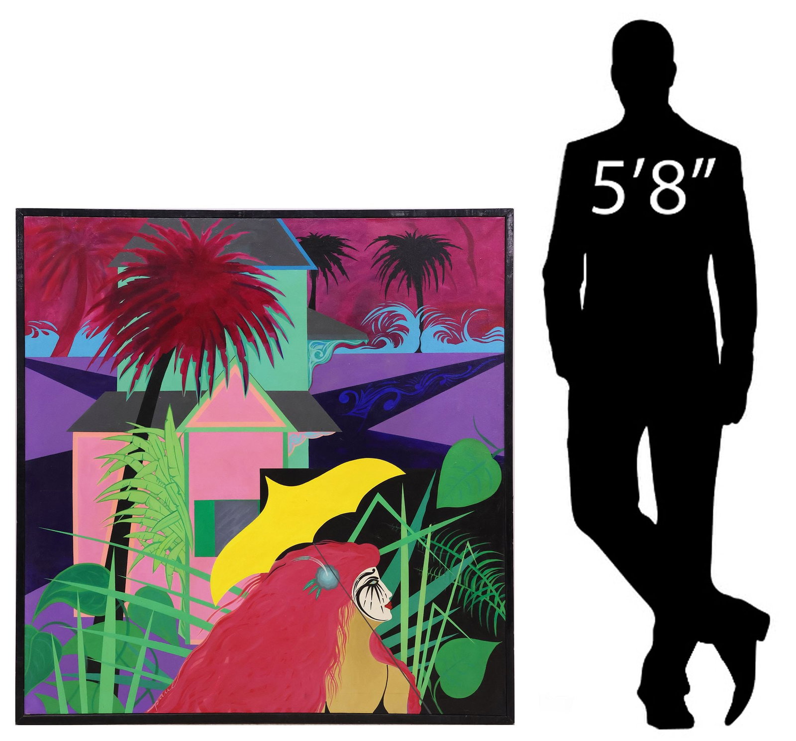 SIGNED PAUL ACRYLIC PAINTING, MASKED WOMAN & TROPICAL FOLIAGE, 49" X 47" (1 of 5)