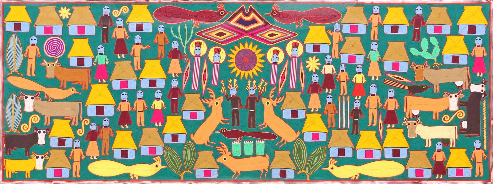 MONUMENTAL HUICHOL INDIAN FOLK ART YARN PAINTING, VILLAGE CEREMONY, 36" X 96": Palatial framed Huichol folk art yarn painting, Village Scene with Shamans, Sun Disk, Animals, and Houses, attributed to Elena Carillo (Huichol/ Wixarika, Mexico, 20th c.) and Pablo Cosillo Hernandez 