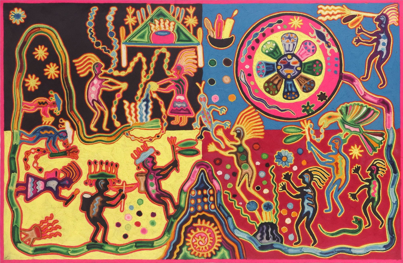 UZRA TEMAI (20TH C.) SIGNED HUICHOL INDIAN YARN PAINTING, 33" X 49": Framed Huichol Indian folk art yarn painting on board, Pilgrimage to Real de Catorce, signed verso Uzra Temai (Huichol/ Wixarika, Mexico, 20th c.), with pencil inscription describing the work in Spani