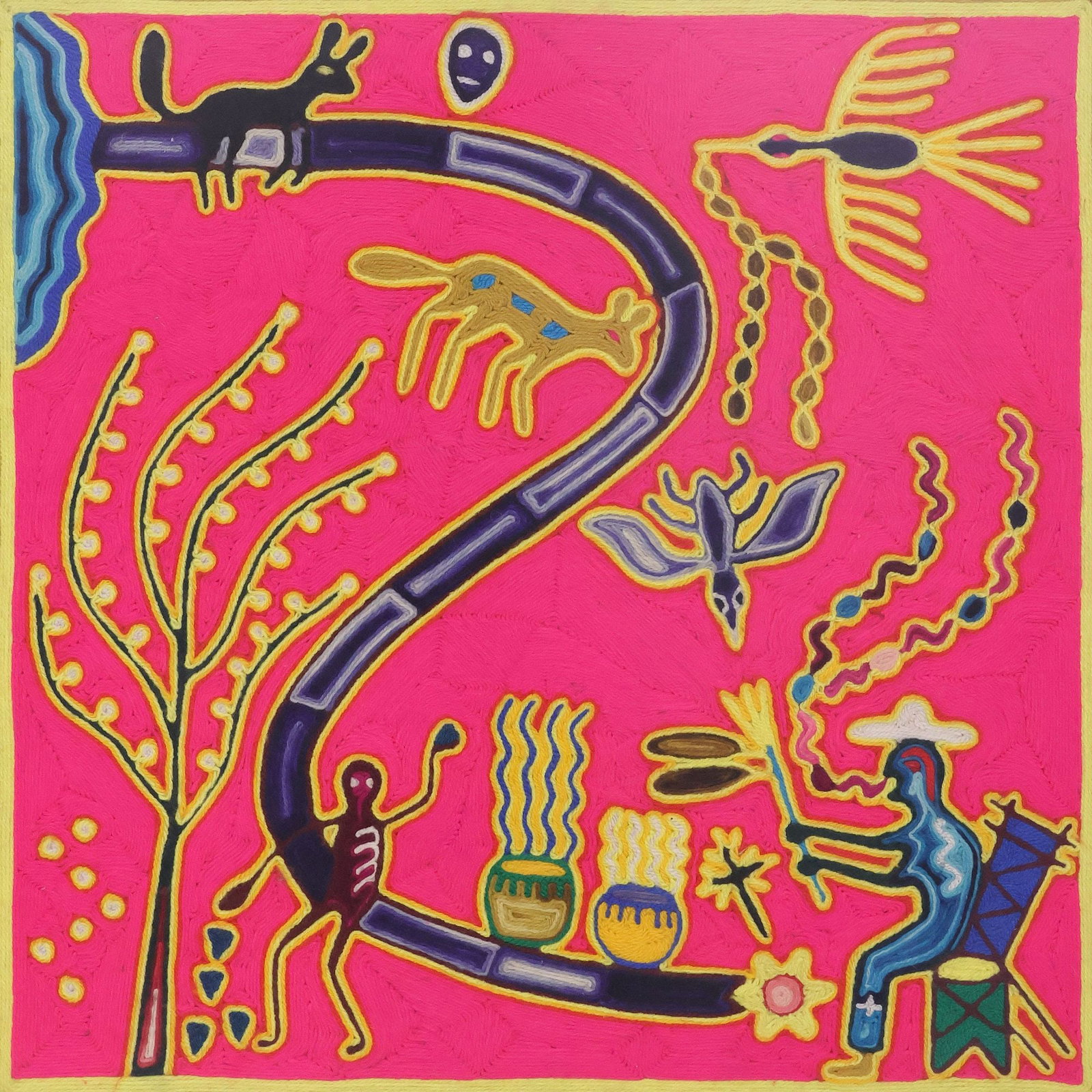 UZRA TEMAI (20TH C.) SIGNED HUICHOL INDIAN YARN PAINTING (1 of 4)