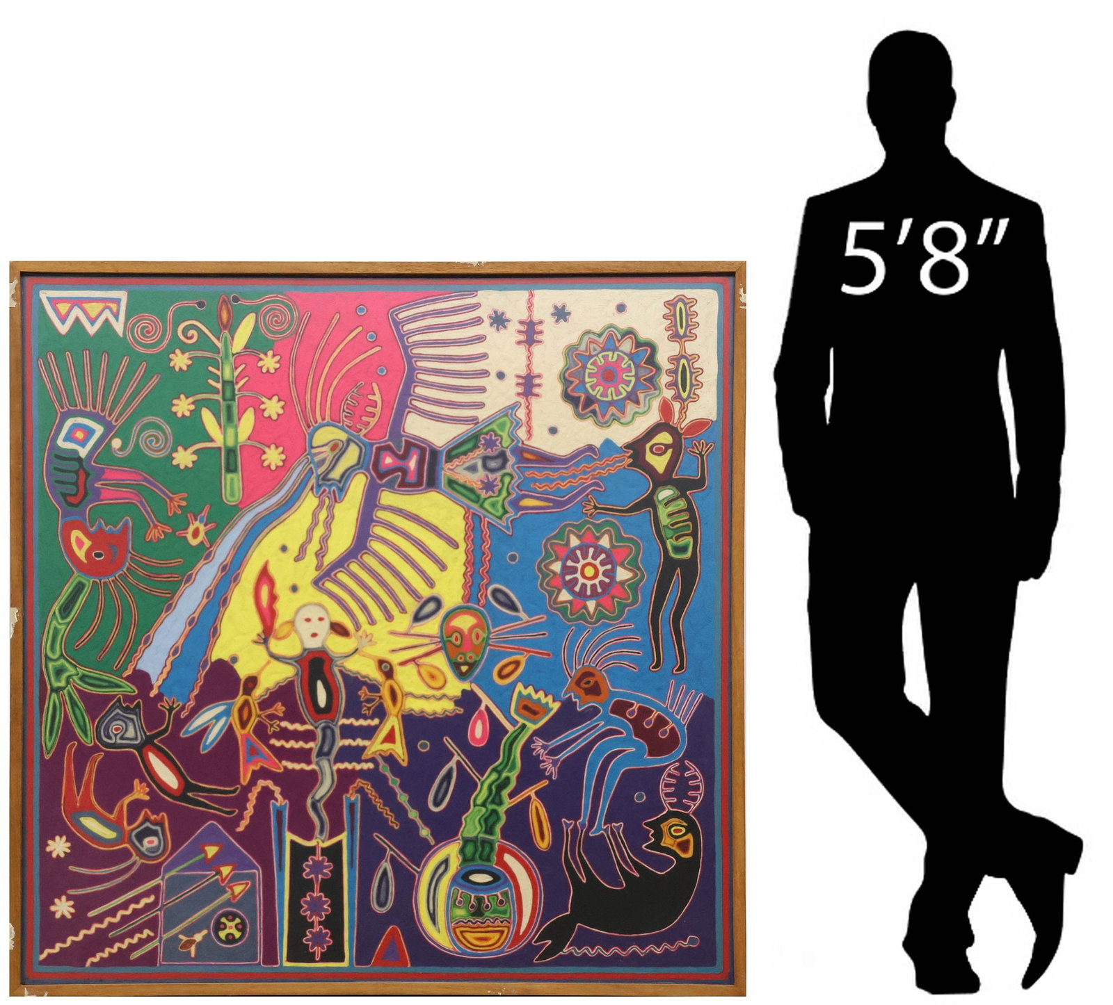 JOSE BENITEZ SANCHEZ (1938-2009) SIGNED HUICHOL INDIAN YARN PAINTING, 49" X 49": Huichol Indian folk art yarn painting on board, Foundational Myth or Narrative Legend, signed verso Jose Benitez Sanchez (also known as Yucaye Kukame, Huichol/ Wixarika, Nayarit, Mexico, 1938-2009), w