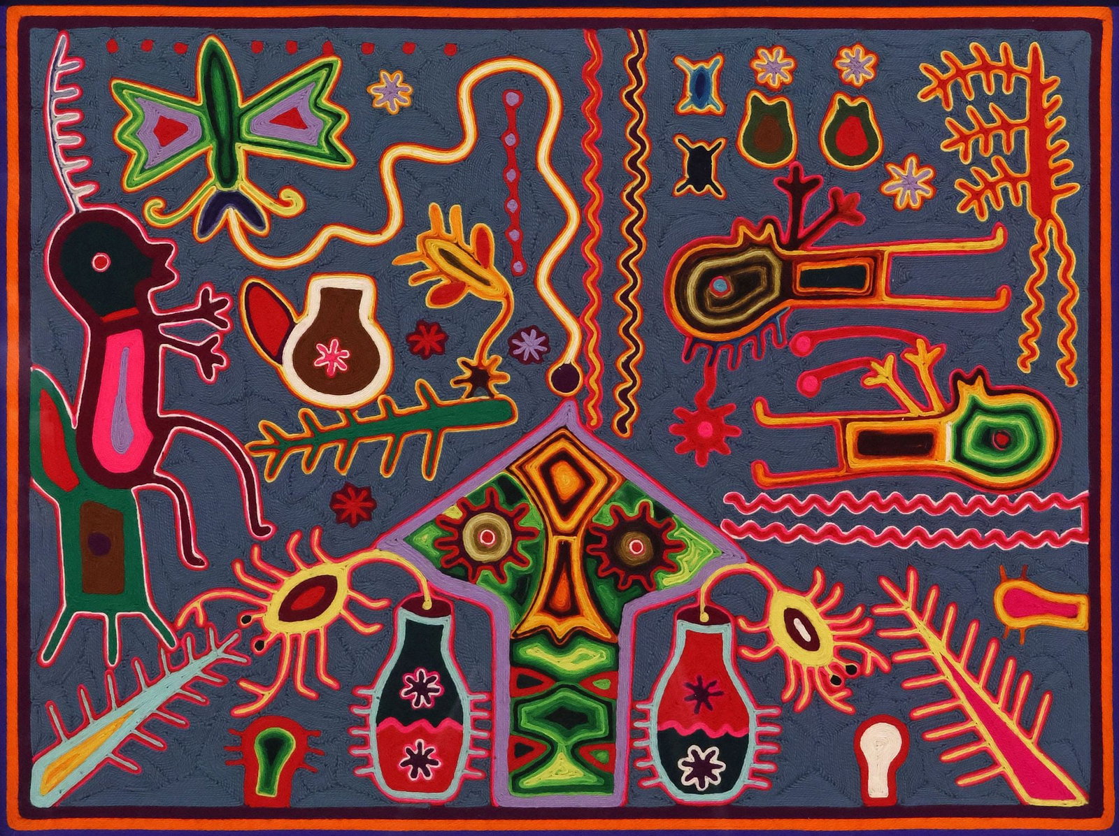 JOSE BENITEZ SANCHEZ (1938-2009) SIGNED HUICHOL INDIAN YARN PAINTING: Framed Huichol Indian folk art yarn painting on board, Sacred Seasons, signed verso Jose Benitez Sanchez (also known as Yucaye Kukame, Huichol/ Wixarika, Nayarit, Mexico, 1938-2009), with inscription 