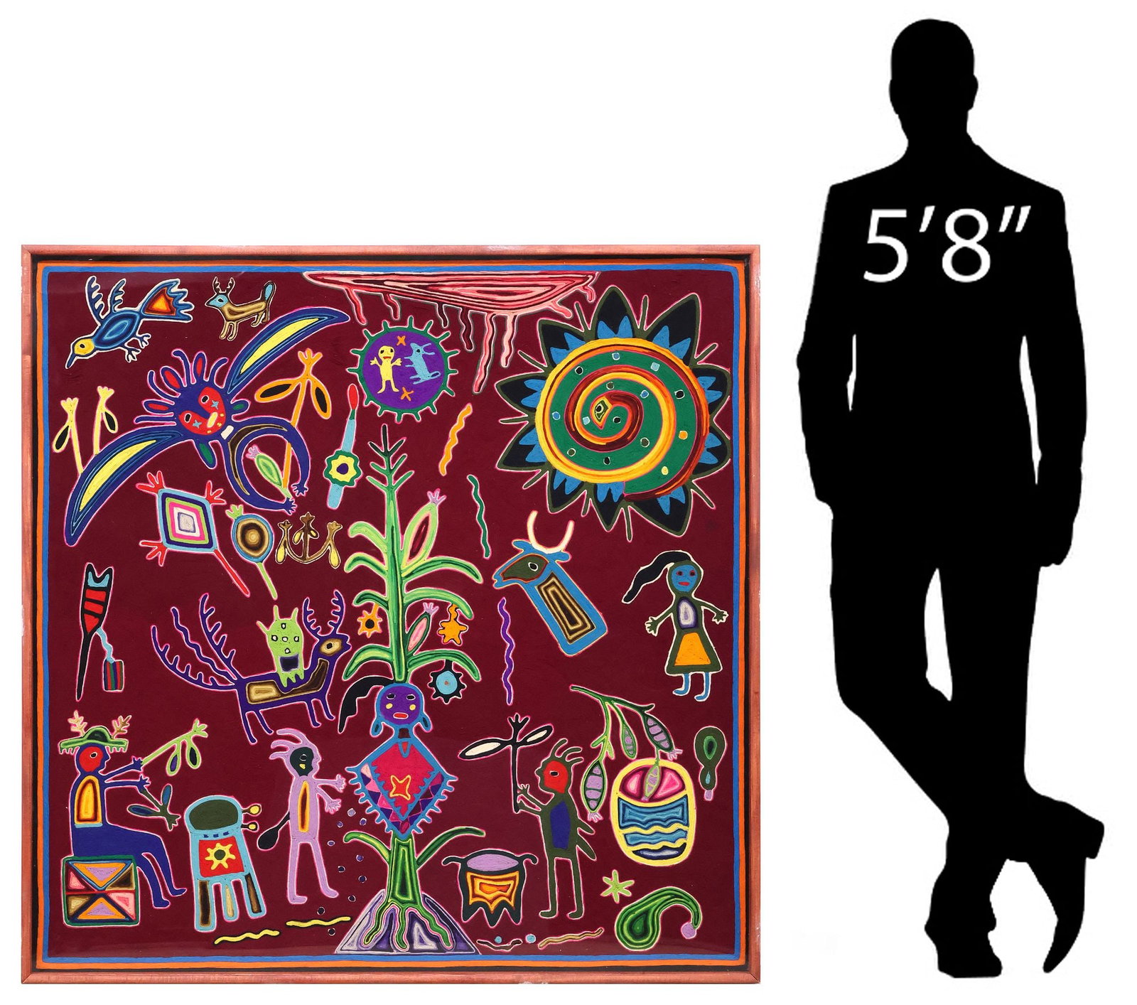 MARTIN DE LA CRUZ (20TH C.) SIGNED HUICHOL INDIAN YARN PAINTING, 49" X 49" (1 of 6)