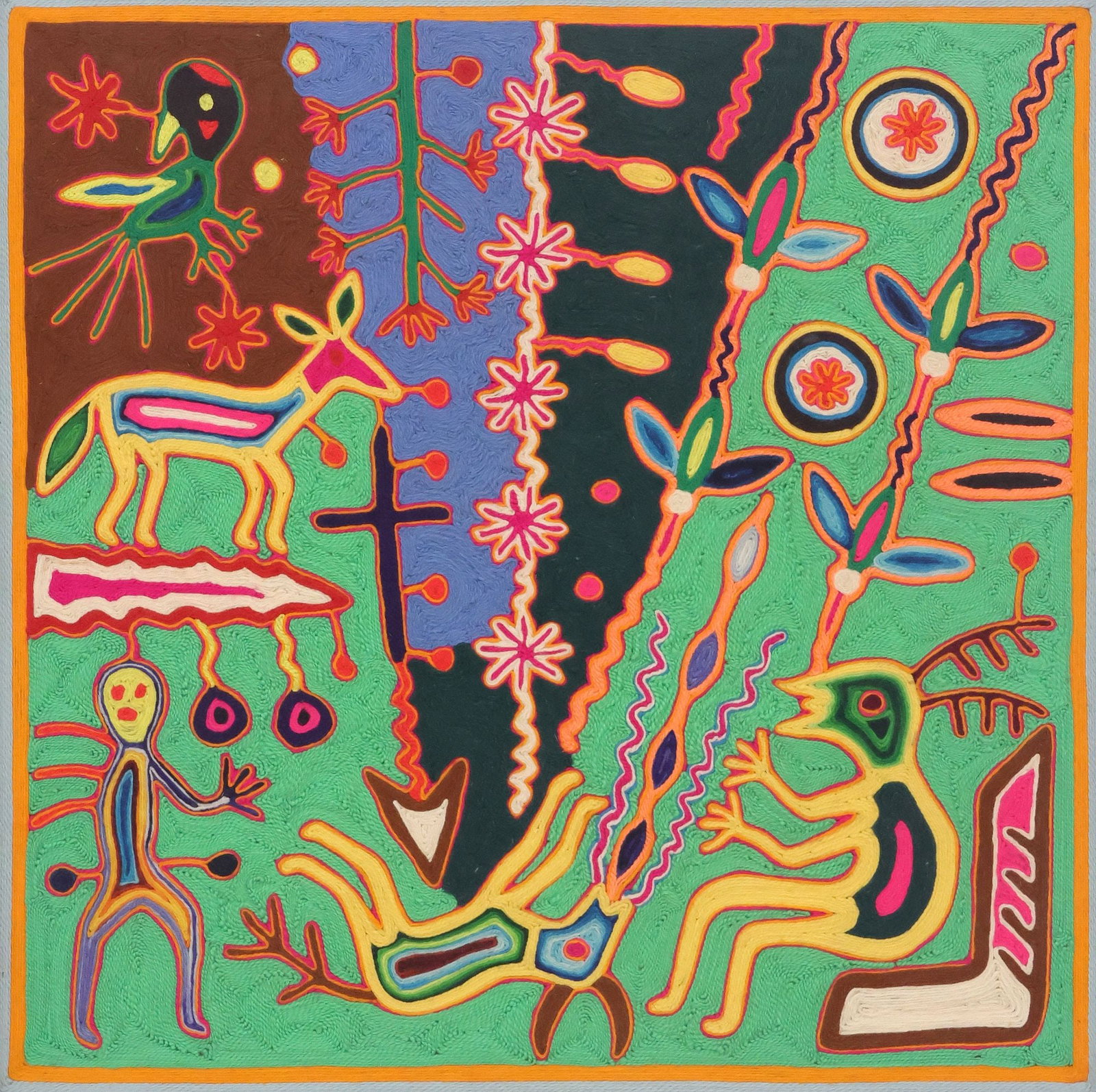 JOSE BENITEZ SANCHEZ (1938-2009) SIGNED HUICHOL INDIAN YARN PAINTING: Framed Huichol Indian folk art yarn painting on board, Sacred Cleansing, signed verso Jose Benitez Sanchez (also known as Yucaye Kukame, Huichol/ Wixarika, Nayarit, Mexico, 1938-2009), with inscriptio