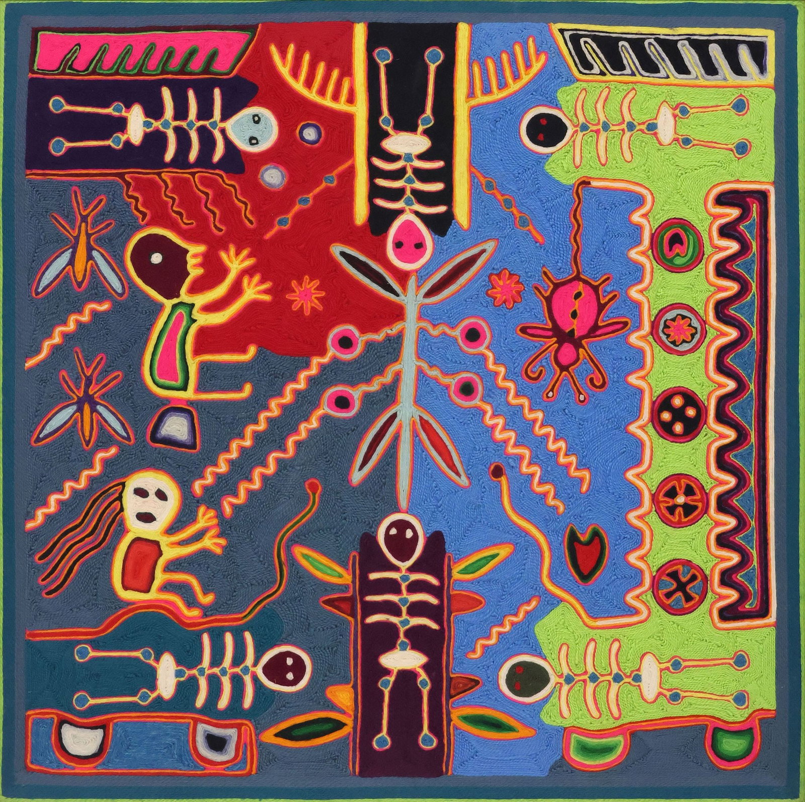 JOSE BENITEZ SANCHEZ (1938-2009) SIGNED HUICHOL INDIAN YARN PAINTING: Huichol Indian folk art yarn painting on board, Skeletal Figures, signed verso Jose Benitez Sanchez (also known as Yucaye Kukame, Huichol/ Wixarika, Nayarit, Mexico, 1938-2009), with faint inscription