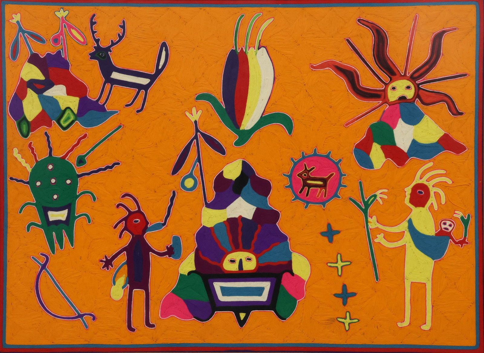 HUICHOL INDIAN FOLK ART ORANGE YARN PAINTING, SHAMANS IN CERAMONY: Huichol Indian folk art yarn painting on board, Shamans and Spiritual Symbols, on orange background, apparently unsigned, sight: approx 35"h, 47.5"w, overall: approx 37"h, 49.5"w, 25lbs