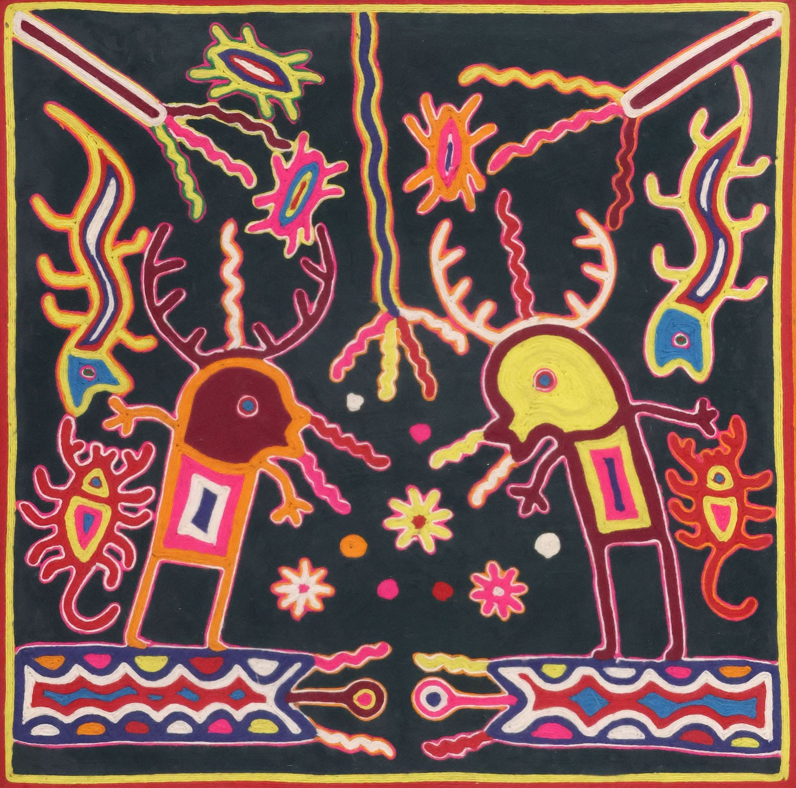 FELIX PEREZ GONZALEZ (20TH C.) SIGNED HUICHOL INDIAN YARN PAINTING: Huichol Indian folk art yarn painting on board, Shamans, signed verso Felix Perez Gonzalez (Huichol/ Wixarika, Mexico, 20th c.), with inscription describing the work, sight: approx 23"h, 23"w, overall