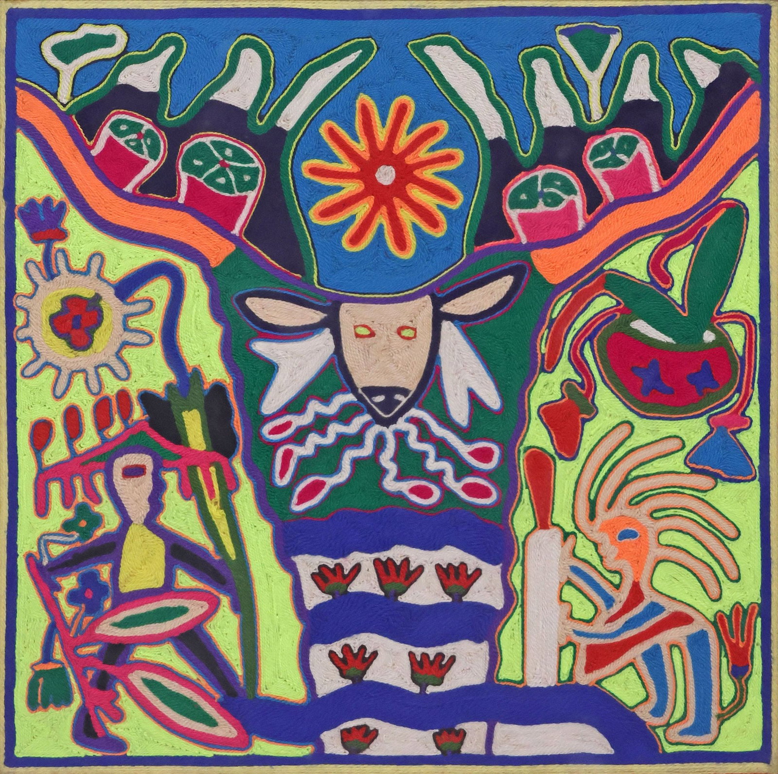 JUAN RIOS MARTINEZ (1930-1996) SIGNED HUICHOL INDIAN YARN PAINTING: Huichol Indian folk art yarn painting on board, Sacred Deer, signed verso Juan Rios Martinez (also known as Tauxi Mutuani, Huichol/ Wixarika, Nayarit, Mexico, 1930-1996), with inscription describing t