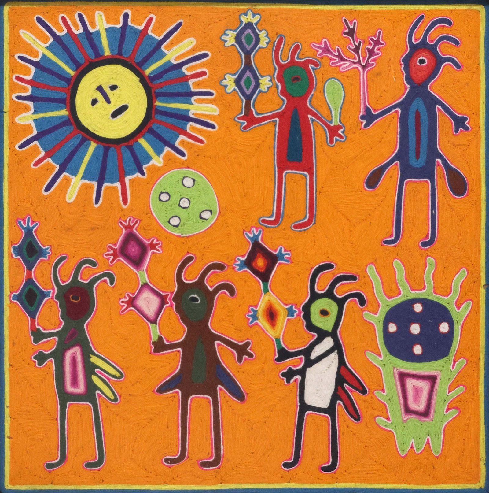 HUICHOL INDIAN FOLK ART ORANGE YARN PAINTING, FIGURES & SUN: Huichol Indian folk art yarn painting on board, Figures and Celestial Sun, with orange background, apparently unsigned, sight: approx 23"h, 23"w, overall: approx 26"h, 26"w, 9.75lbs