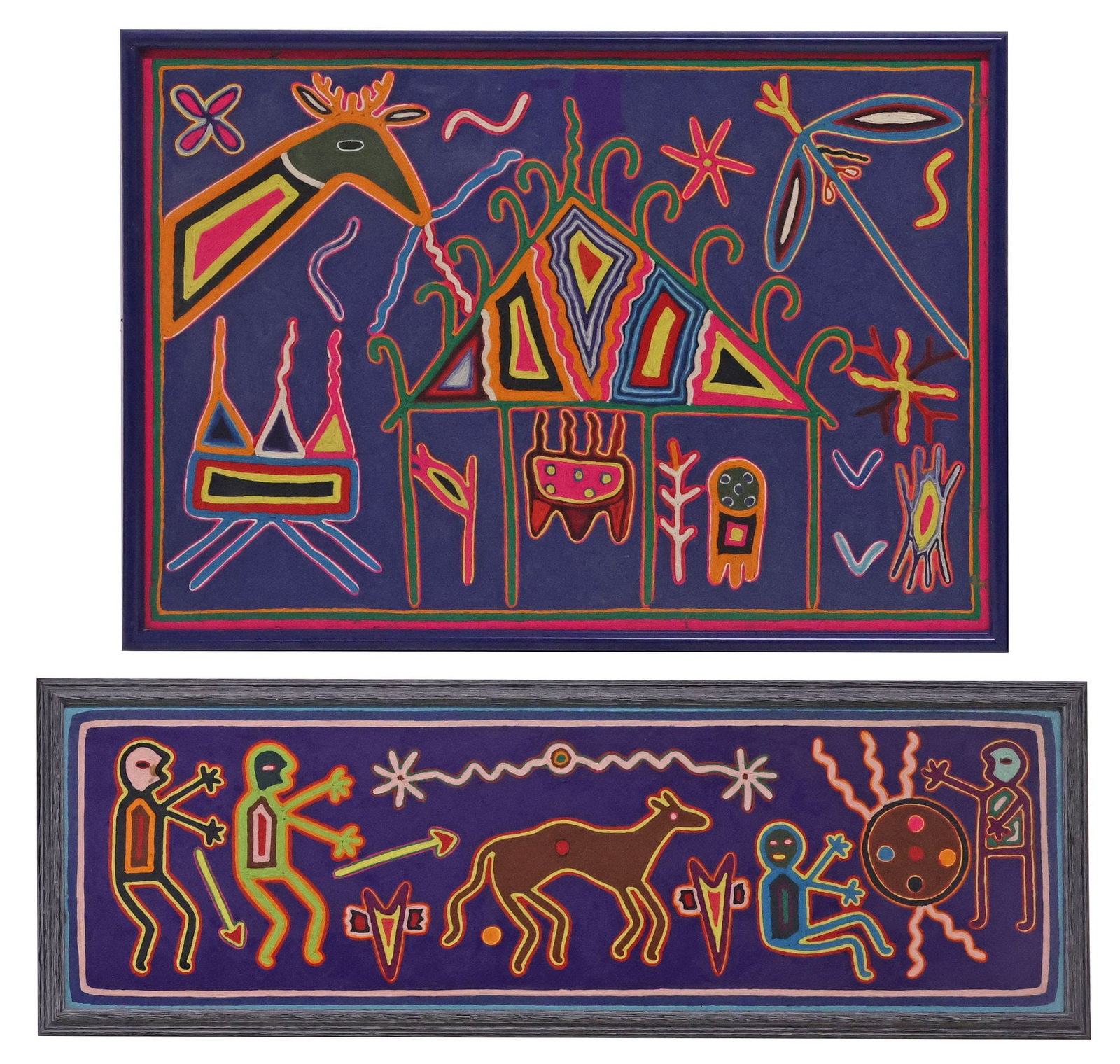 (2) HUICHOL INDIAN FOLK ART BLUE YARN PAINTINGS, FIGURES & DEER: (lot of 2) Framed Huichol Indian folk art yarn paintings on board, including: (1) Figures and Sacred Deer, with faint pencil inscription verso, sight: approx 10.75"h, 35.5"w, overall: approx 12.75"h, 