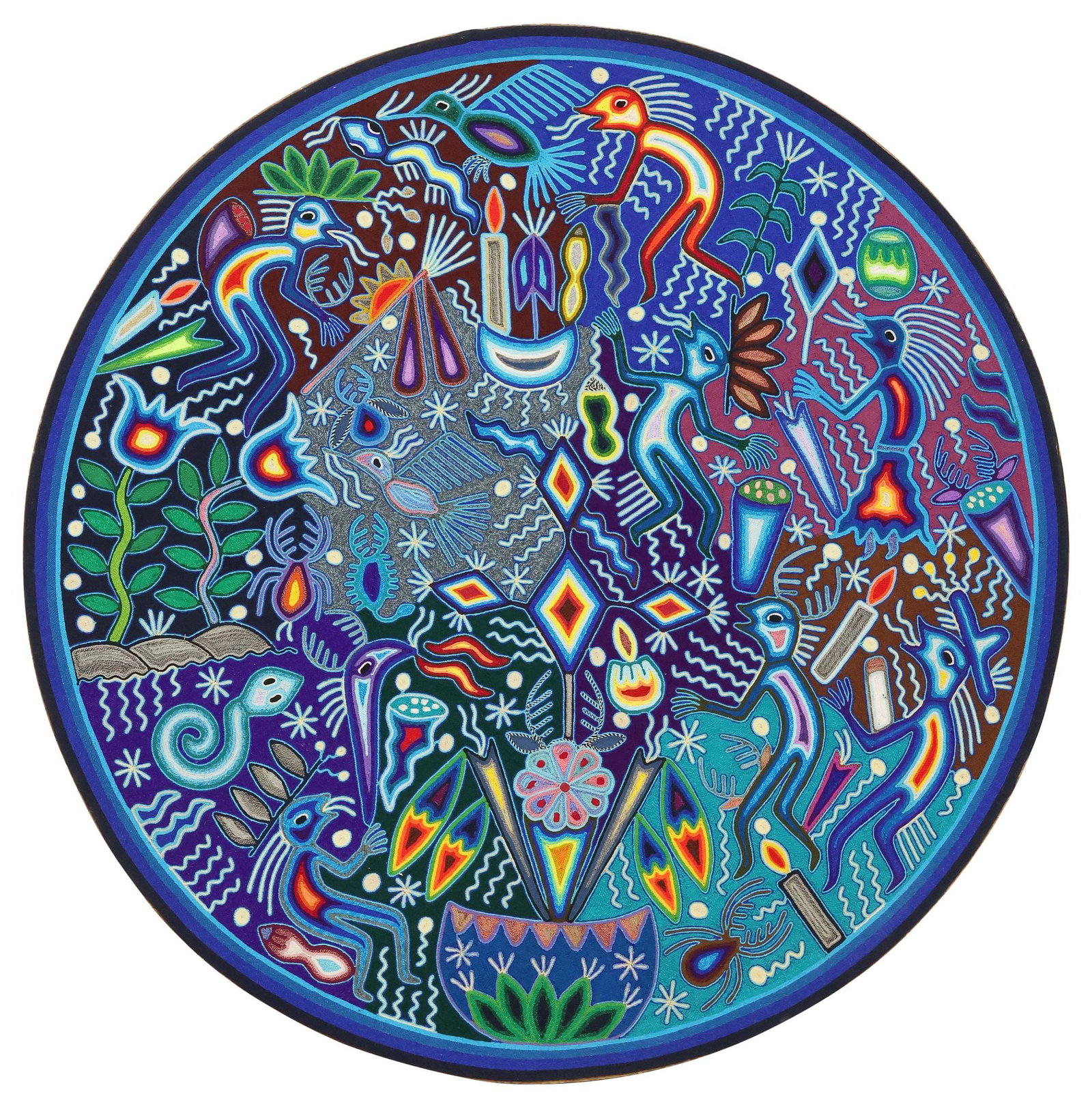 GUADALUPE DE LA CRUS CARRILLO (20TH C.) HUICHOL INDIAN YARN FOLK ART PAINTING: Huichol Indian folk art yarn painting on board, stylized figures, animals, and spiritual symbols executed in deep blue with bright color accents, signed verso Guadalupe de la Crus Carrillo (Mexico, 20