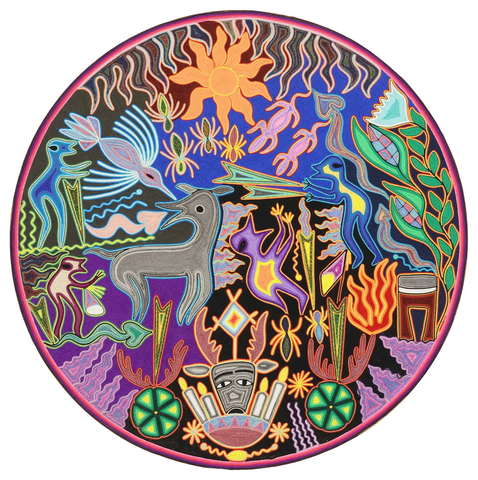 LARGE SIGNED HUICHOL INDIAN YARN FOLK ART PAINTING, 39.5"DIAM: Huichol Indian folk art yarn painting on board, bright colorful depictions of stylized animals, figures, and spiritual symbols, signed illegibly with inscription detailing scene verso, approx 39.5"dia