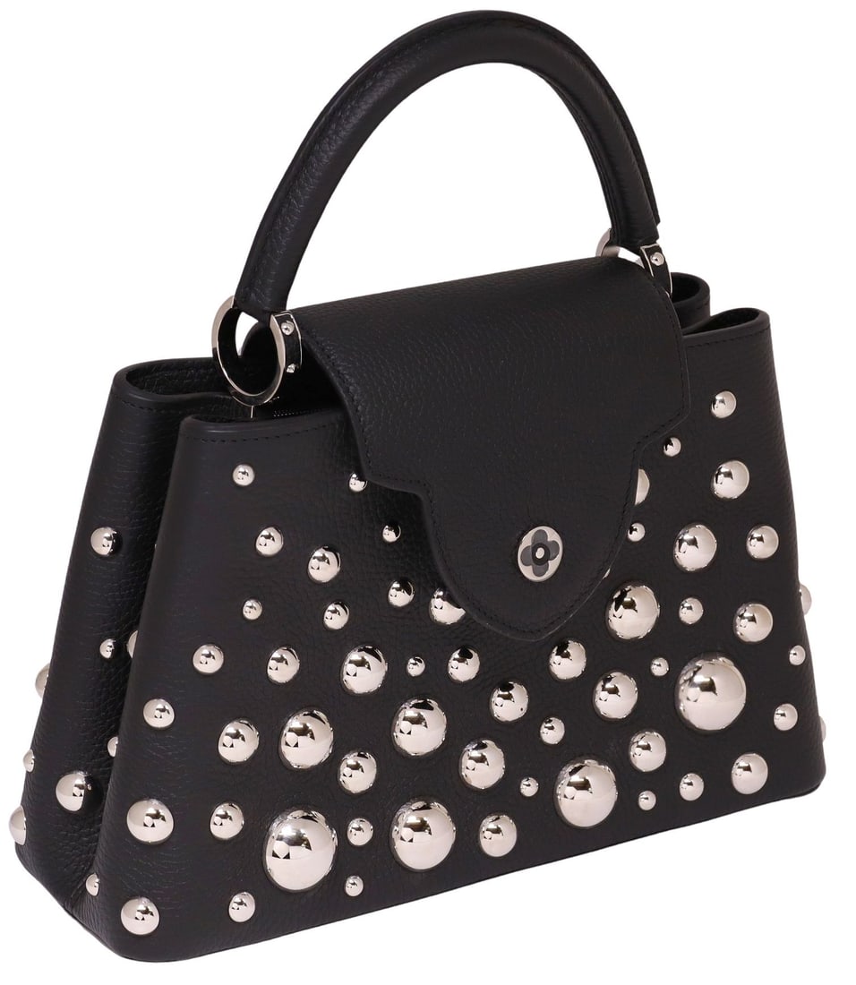LOUIS VUITTON X YAYOI KUSAMA 'CAPUCINES MM' 2023 LEATHER DOTS HANDBAG NIB: Louis Vuitton x Yayoi Kusama "Capucines MM" handbag, from the 2023 collection, grained black bull-calf leather exterior, with chromed metal hardware and studded dot accents, rolled top handle, top fla