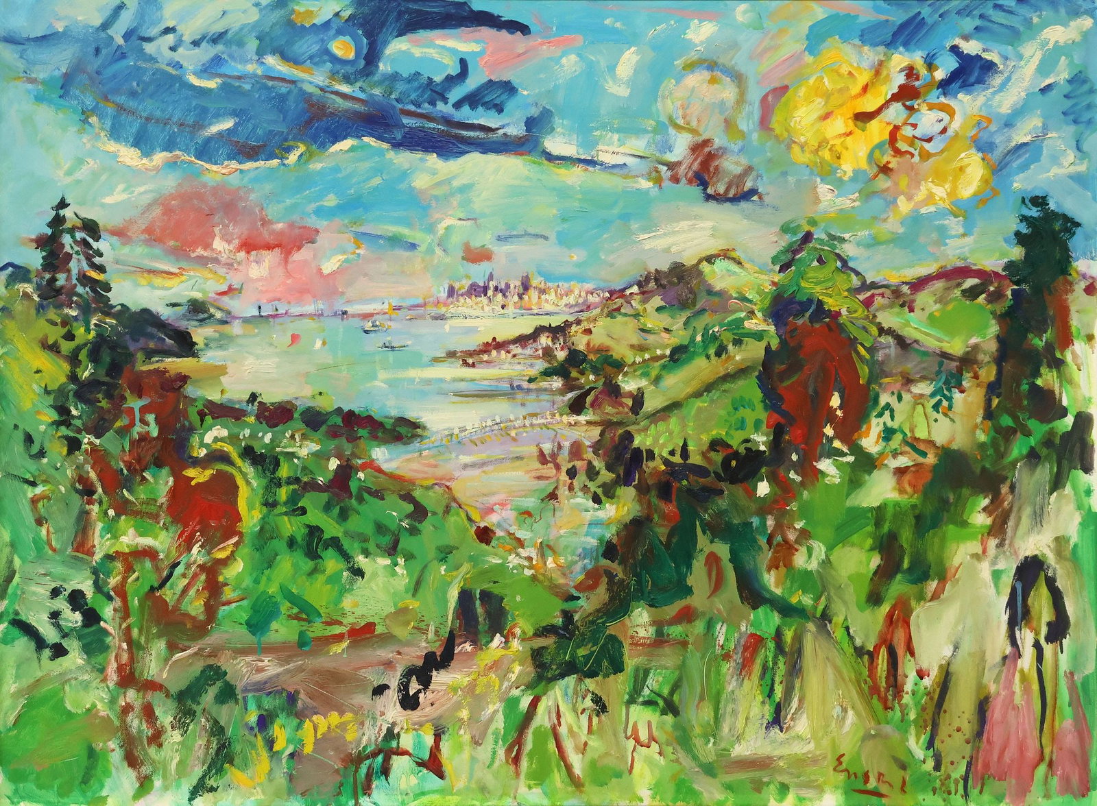 WAYNE ENSRUD (B.1936) IMPRESSIONIST BAY LANDSCAPE PAINTING, 40" X 48" (1 of 4)