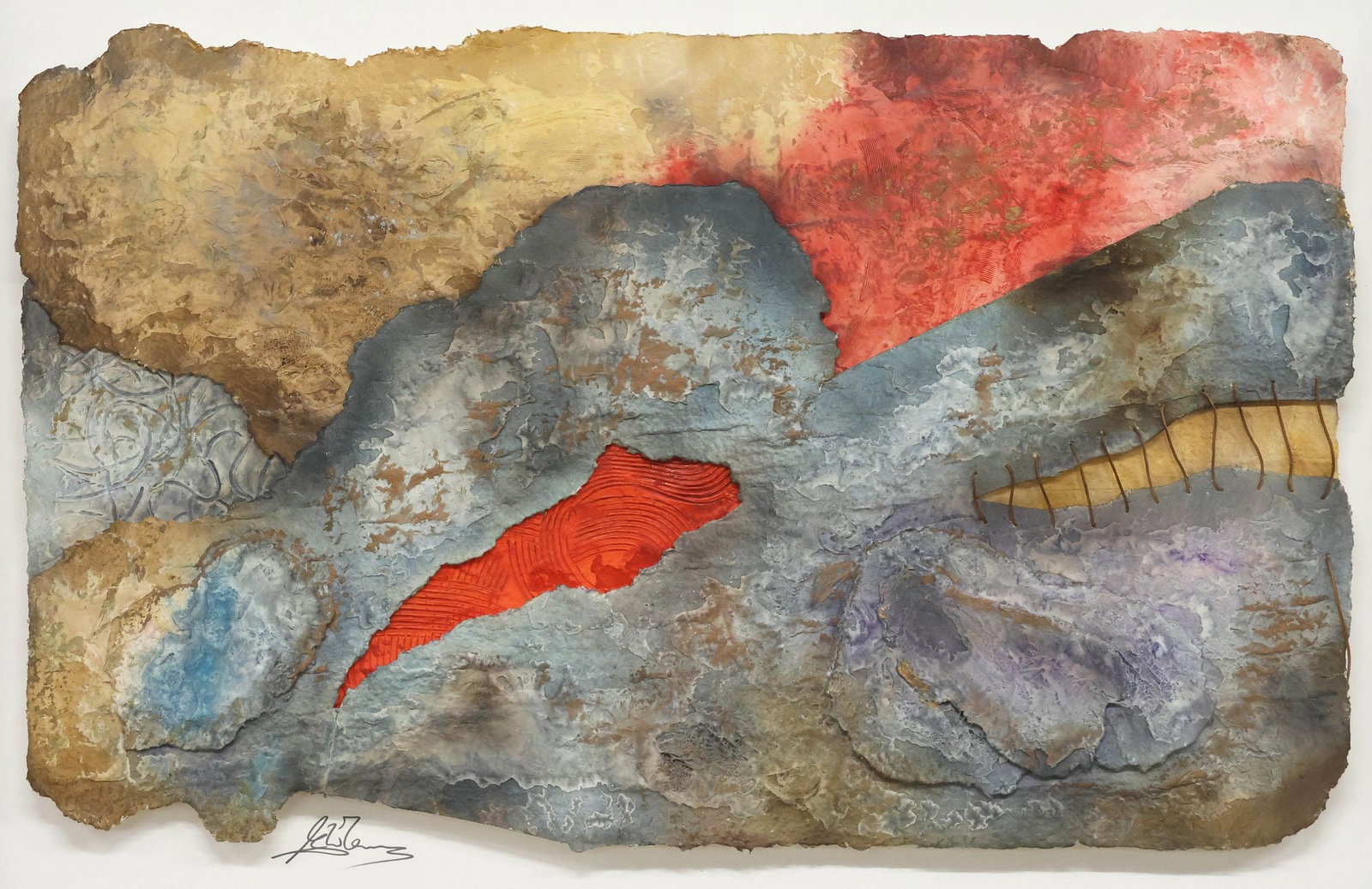 CONTEMPORARY MIXED MEDIA ARTWORK, ABSTRACT STITCHED COMPOSITION, 29.5" X 48" (1 of 4)
