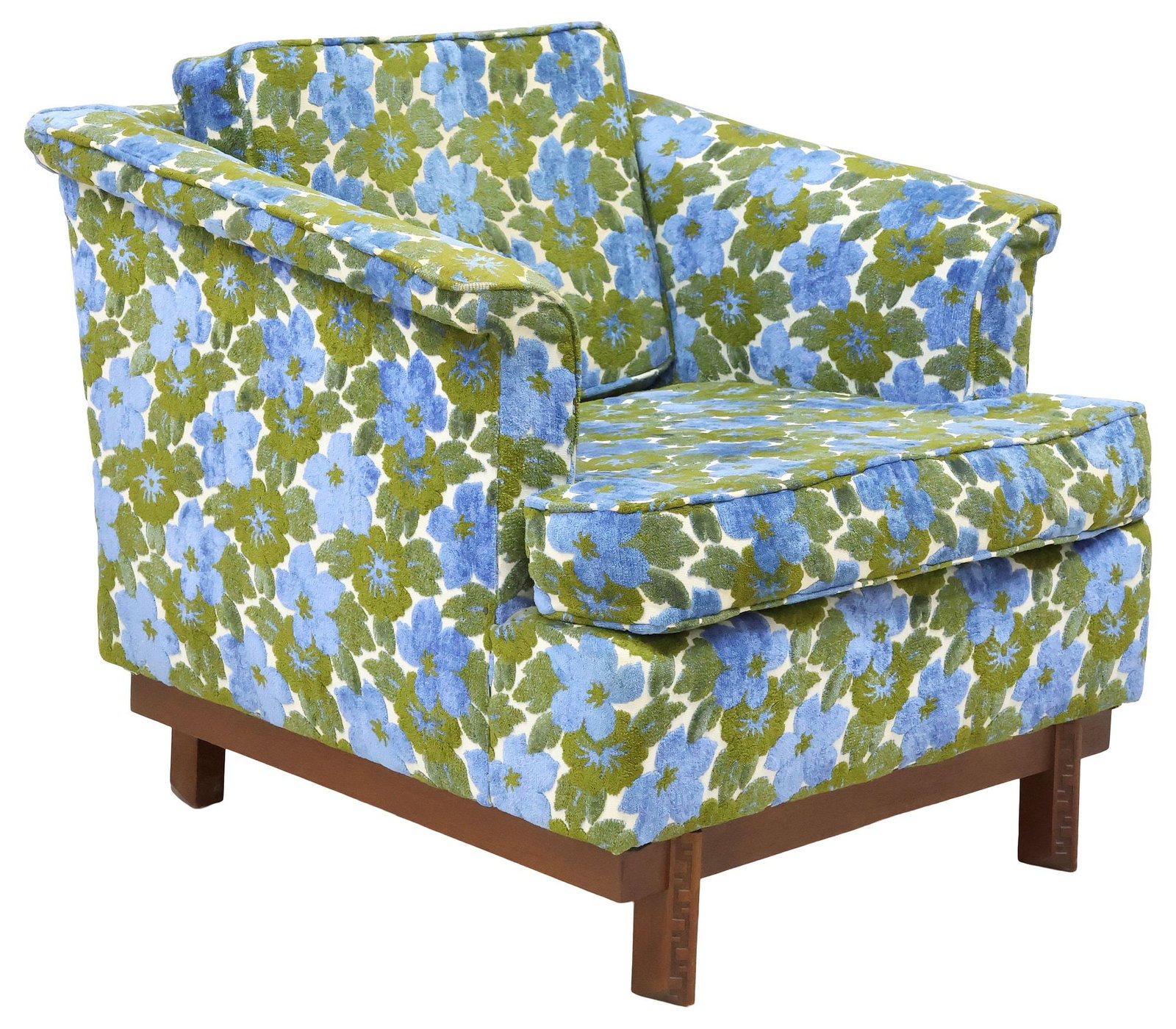 FRANK LLOYD WRIGHT FOR HENREDON 'TALIESIN' MID-CENTURY LOUNGE CHAIR: Mid-century modern "Taliesin" club chair, Frank Lloyd Wright (American, 1867-1959) for Heritage Henredon, c.1950s, having square frame, in floral upholstery, with removable seat and bac