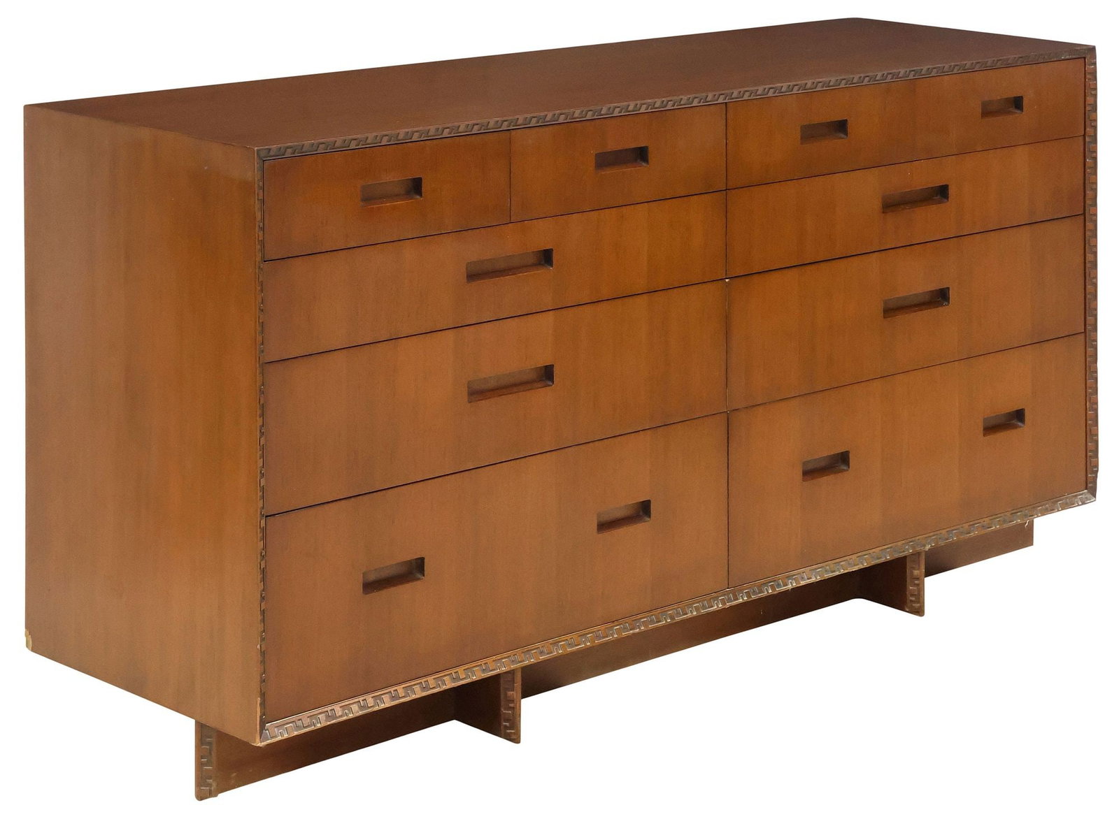 LARGE FRANK LLOYD WRIGHT FOR HENREDON 'TALIESIN' DRESSER OR CREDENZA: Mid-century modern mahogany "Taliesin" chest of drawers or credenza, Frank Lloyd Wright (American, 1867-1959) for Heritage Henredon, c.1950s, rectangular case fitted with ten graduated drawe