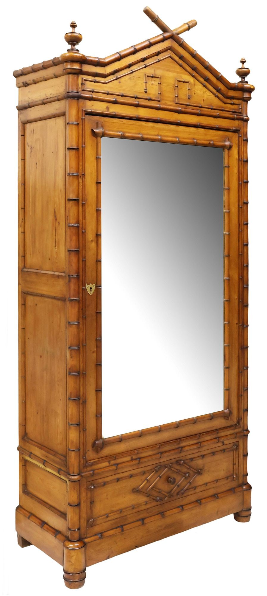 FRENCH MIRRORED PINE ARMOIRE WITH FAUX BAMBOO TURNINGS (1 of 5)