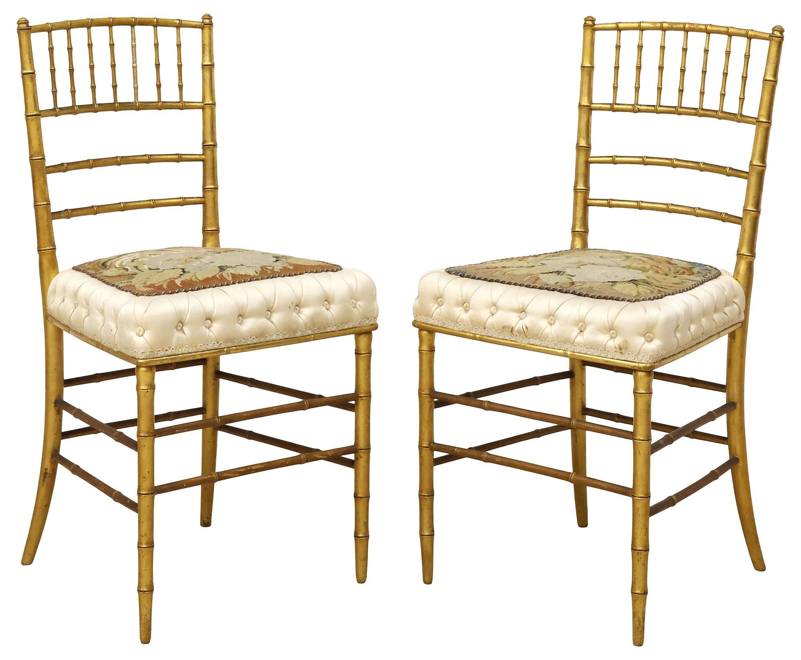 (2) CHIAVARI STYLE NEEDLEPOINT-UPHOLSTERED GILT FAUX BAMBOO SIDE CHAIRS: (pair) Chiavari style gilt side chairs, 20th c., each with slatted faux bamboo frame, button-tufted seat cushion with patterned needlepoint upholstery panel, rising on stretcher-joined supports, appro