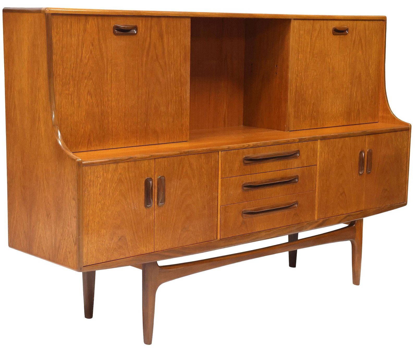 G PLAN 'FRESCO' MID-CENTURY MODERN TEAK CREDENZA SIDEBOARD: Mid-century modern "Fresco" teak sideboard/ credenza, Victor B. Wilkins for G Plan, c.1960s, upper case with sliding and drop-front cabinet doors, concealing open interior storage, lower case with thr