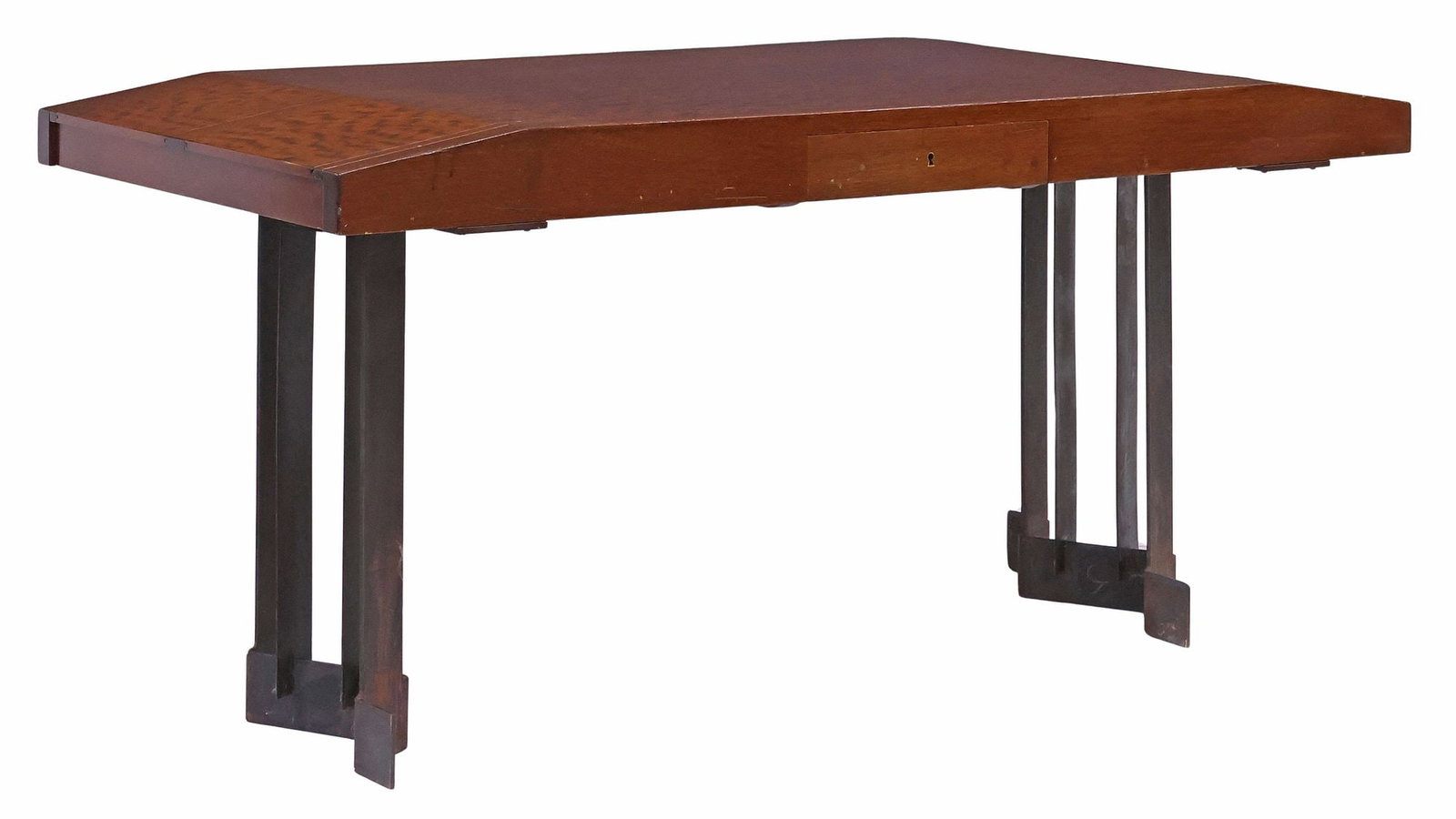 AFTER PIERRE CHAREAU (FRENCH, D.1950) MODERNIST BURLWOOD & STEEL DESK (1 of 8)