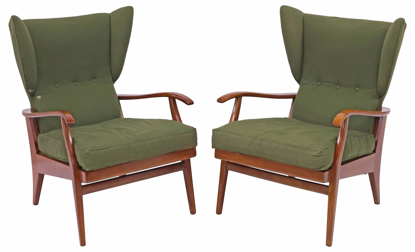 (2) RENZO FRANCHI FOR CAMERINI MID-CENTURY MODERN UPHOLSTERED LOUNGE CHAIRS: (pair) Italian mid-century modern "Camea" armchairs, designed by Renzo Franchi (Italian, 20th c.) for Camerani, c.1950s, wood frame with button-tufted back with bolster wings and removable seat cushio