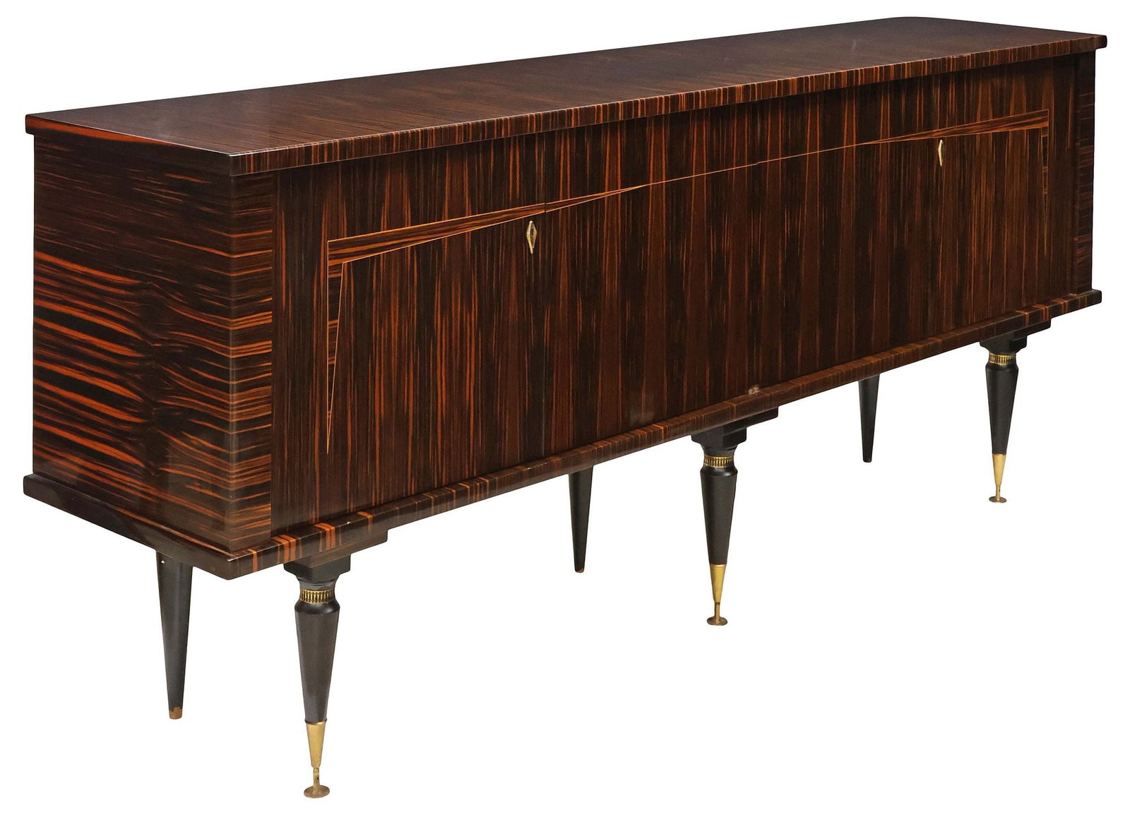 FRENCH MID-CENTURY MODERN LACQUERED EXOTIC VENEER SIDEBOARD: French mid-century modern lacquered sideboard, c.1960s, likely in macassar ebony or rosewood veneers, rectangular case with stringwork trim, fitted with two pairs of cabinet doors, one side with fixed
