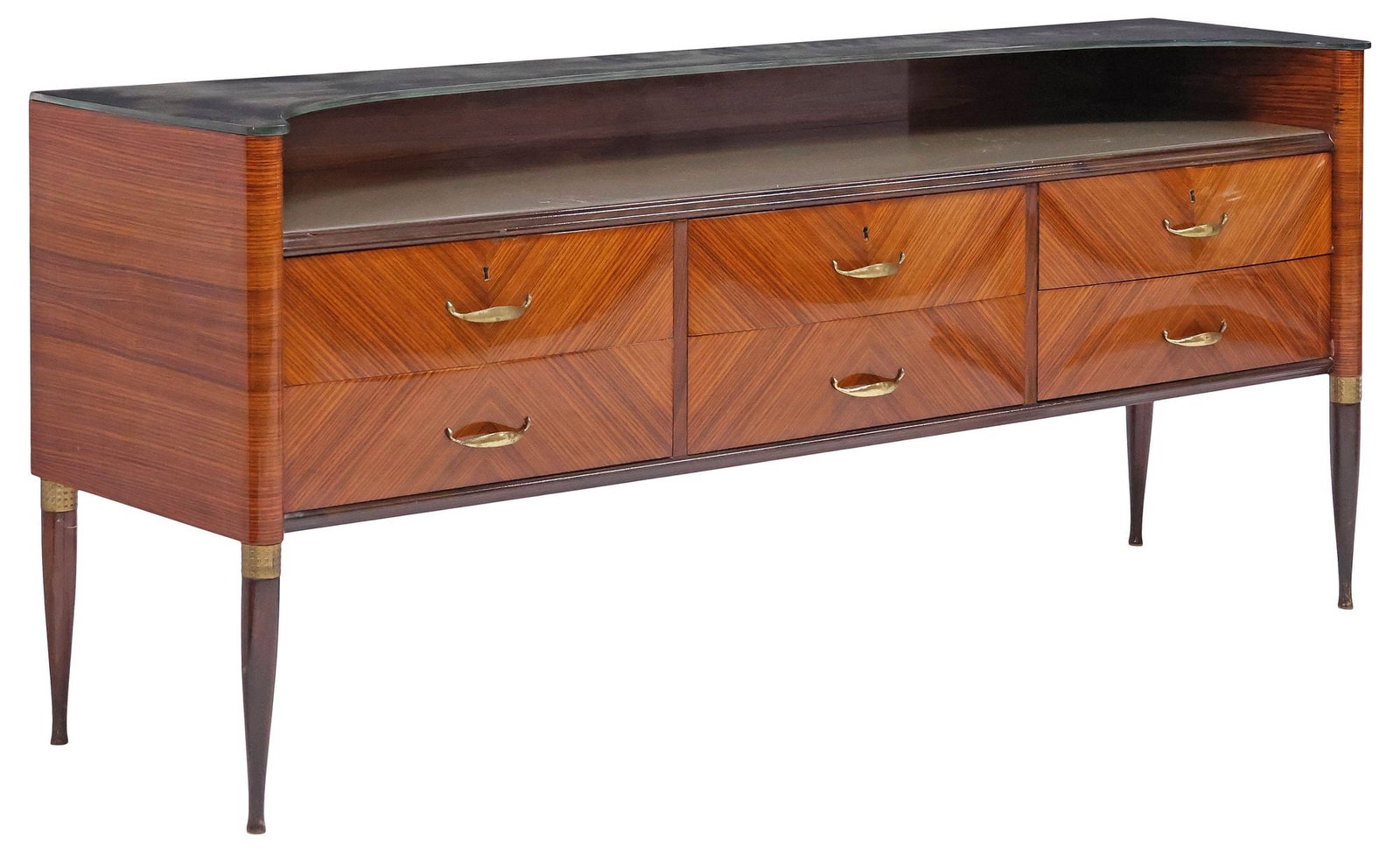 ITALIAN MID-CENTURY MODERN GLASS-TOP LACQUERED CREDENZA SIDEBOARD: Italian mid-century modern matched veneer credenza/ sideboard, c.1960s, mirrored glass shelf, above silvered inset glass top, fitted with six convex drawers, on tapered legs ending on metal cap feet, 