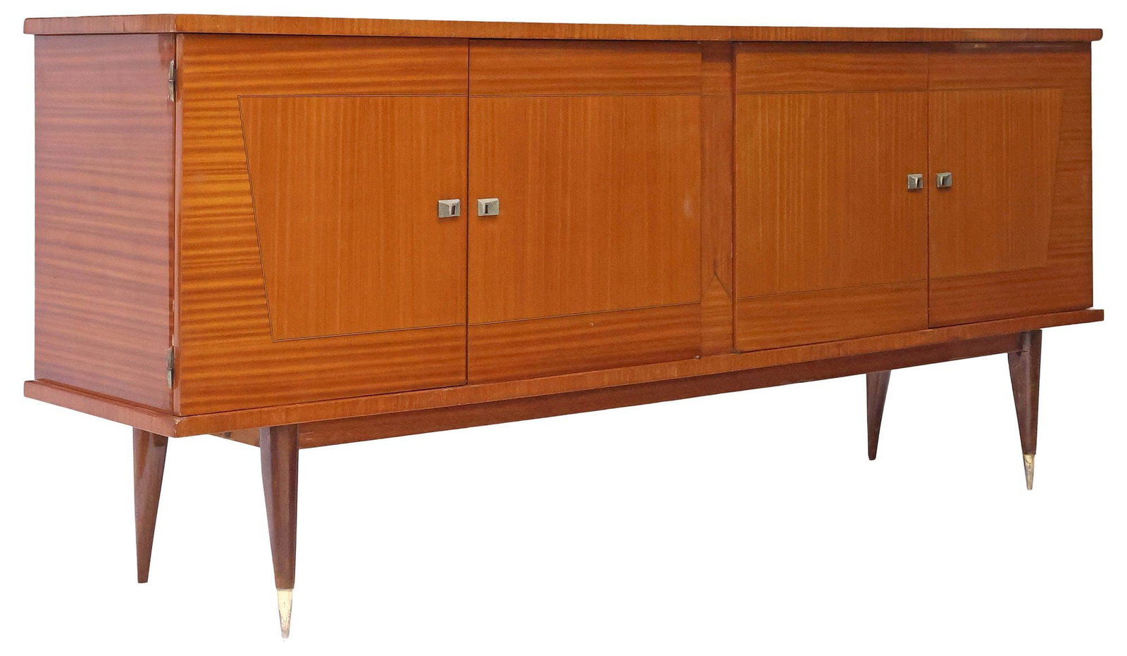 FRENCH MID-CENTURY MODERN LACQUERED & INLAID MAHOGANY SIDEBOARD: French mid-century modern mahogany sideboard, c.1950s, rectangular case with parcel-ebonized string inlay trim, fitted with two pairs of cabinet doors, one side enclosing fixed-height shelf, opposite 