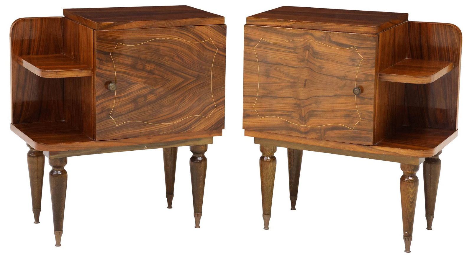 (2) ITALIAN MID-CENTURY MODERN ROSEWOOD BEDSIDE CABINETS: (pair) Italian mid-century modern rosewood nightstands, c.1950s, single cabinet door with stringwork inlay, revealing open interior, beside two open shelves, rising on tapering legs, ending on metal f