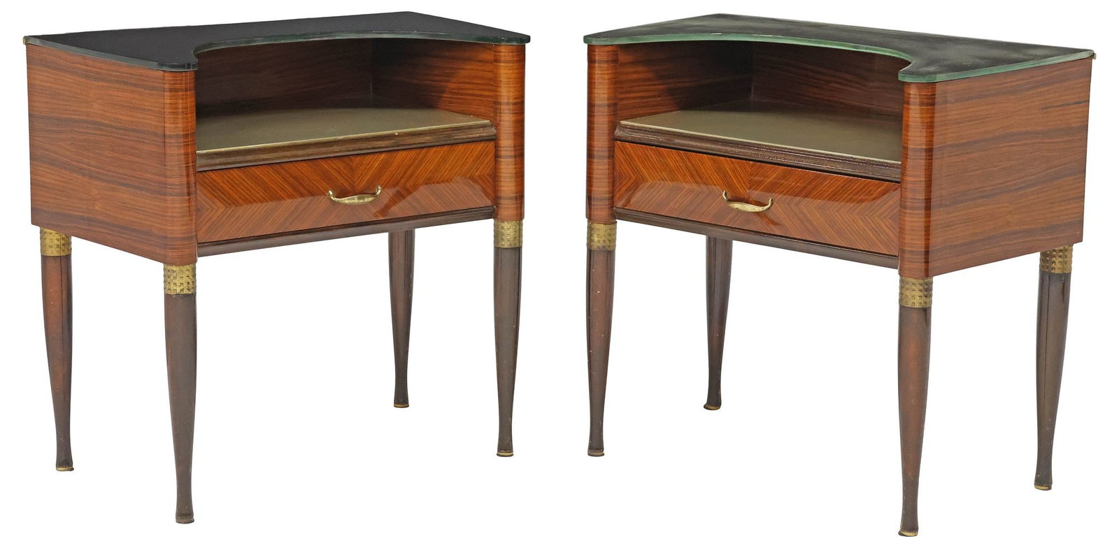 (2) ITALIAN MID-CENTURY MODERN GLASS-TOP LACQUERED NIGHTSTANDS: (pair) Italian mid-century modern matched-veneer nightstands, c.1960s, having shaped glass top, over open storage and single drawer, rising on tapered legs, approx 23"h, 23"w, 13"d **Note: matching si
