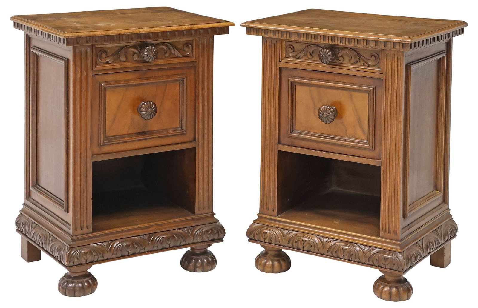 (2) ITALIAN CASA MODERNA RENAISSANCE REVIVAL WALNUT NIGHTSTANDS: (pair) Italian Renaissance Revival carved walnut nightstands, Casa Moderna, Genova, early 20th c., having single drawer and cabinet door, above open storage, on ribbed bun feet, maker's plaque at inte