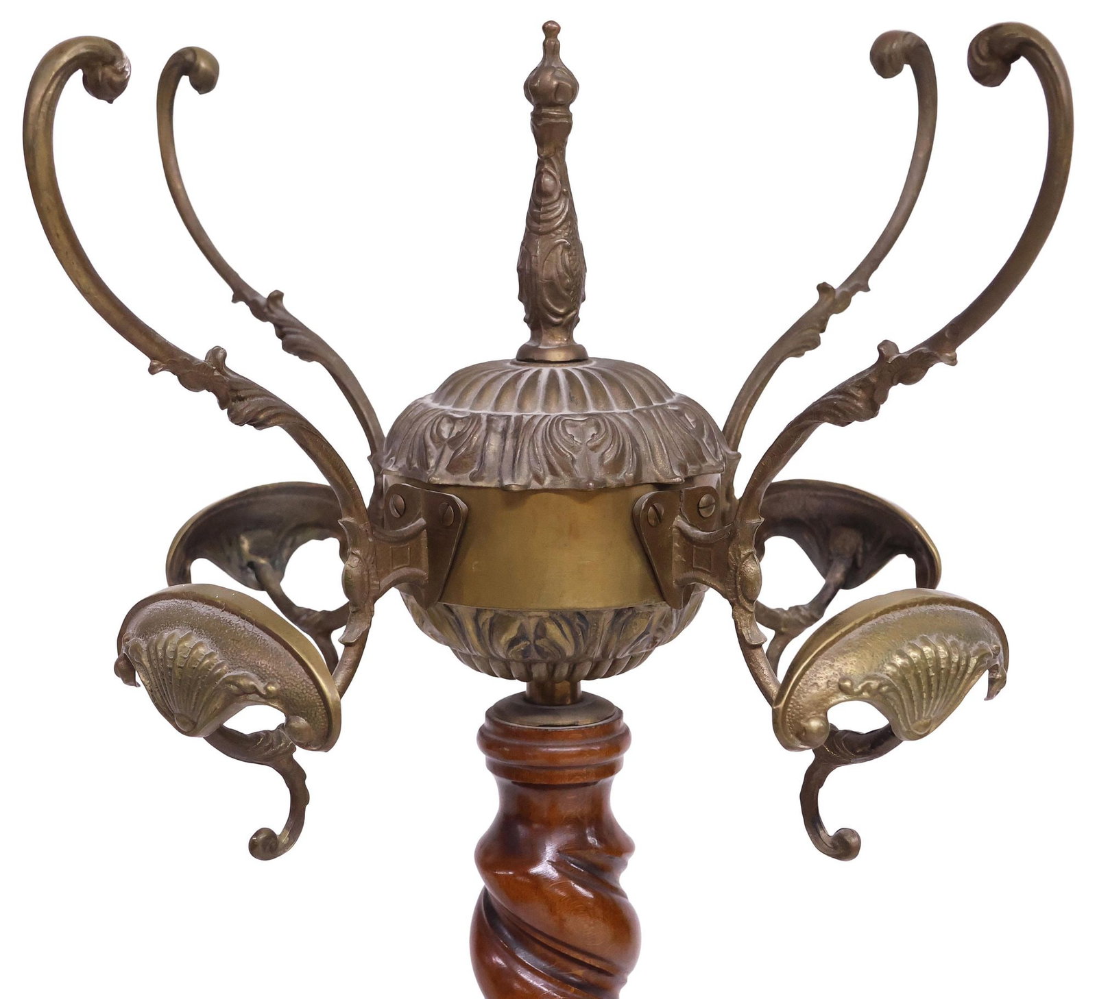 ITALIAN SPIRAL TWIST WALNUT & METAL STANDING HALL TREE: Italian walnut standing hall tree or hat/ coat rack, early 20th c., pointed finial over four scrolled hooks, carved spiral twist standard with central vasiform joint, rising on figural tripartite base