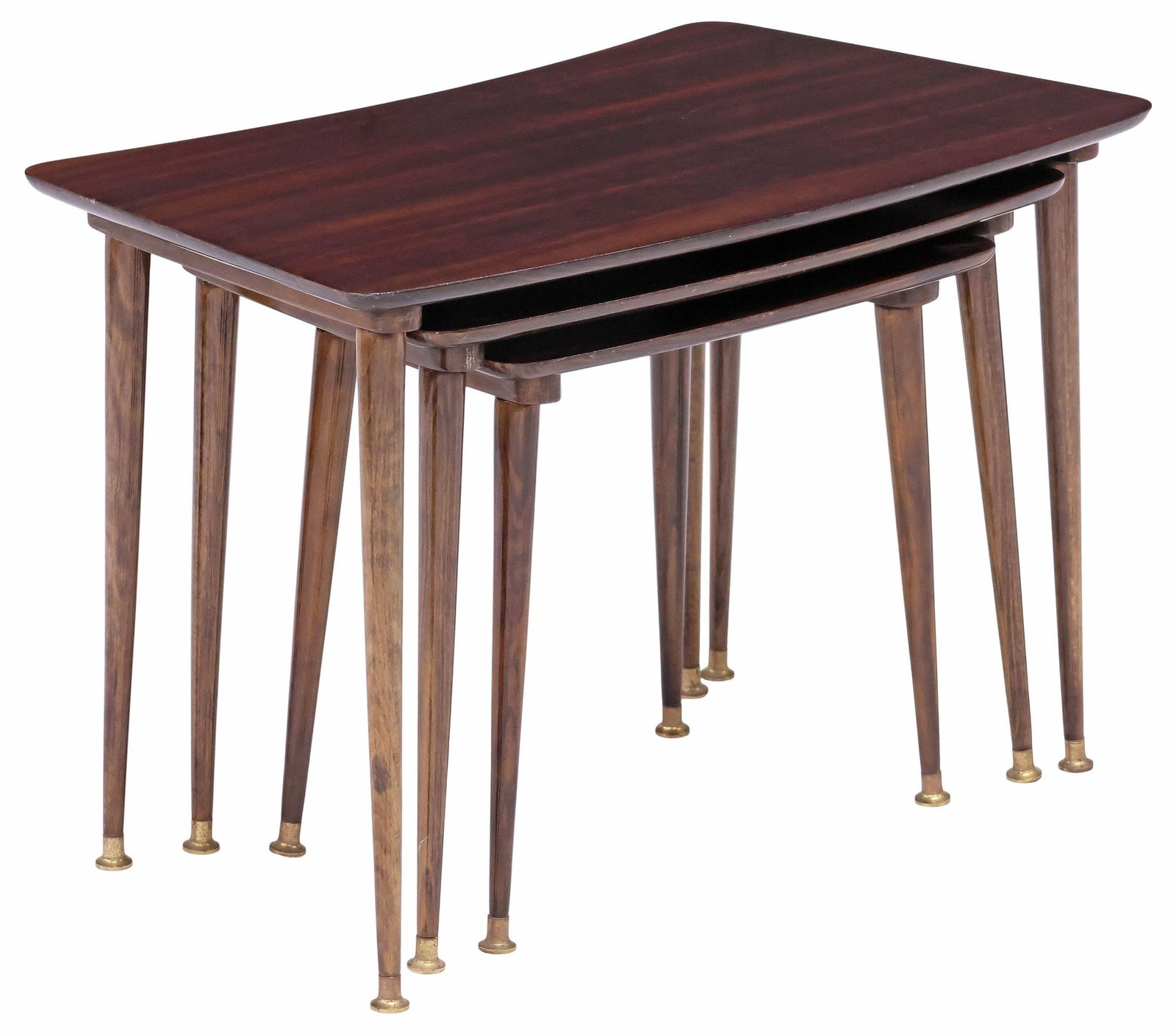 (3) ITALIAN MID-CENTURY MODERN NESTING TABLES: (lot of 3) Italian mid-century modern nesting tables, c.1960s, each having curved rectangular top, over tapering legs with brass-cap feet, largest: approx 18"h, 27.5"w, 15.25"d, smallest: approx 15"h,
