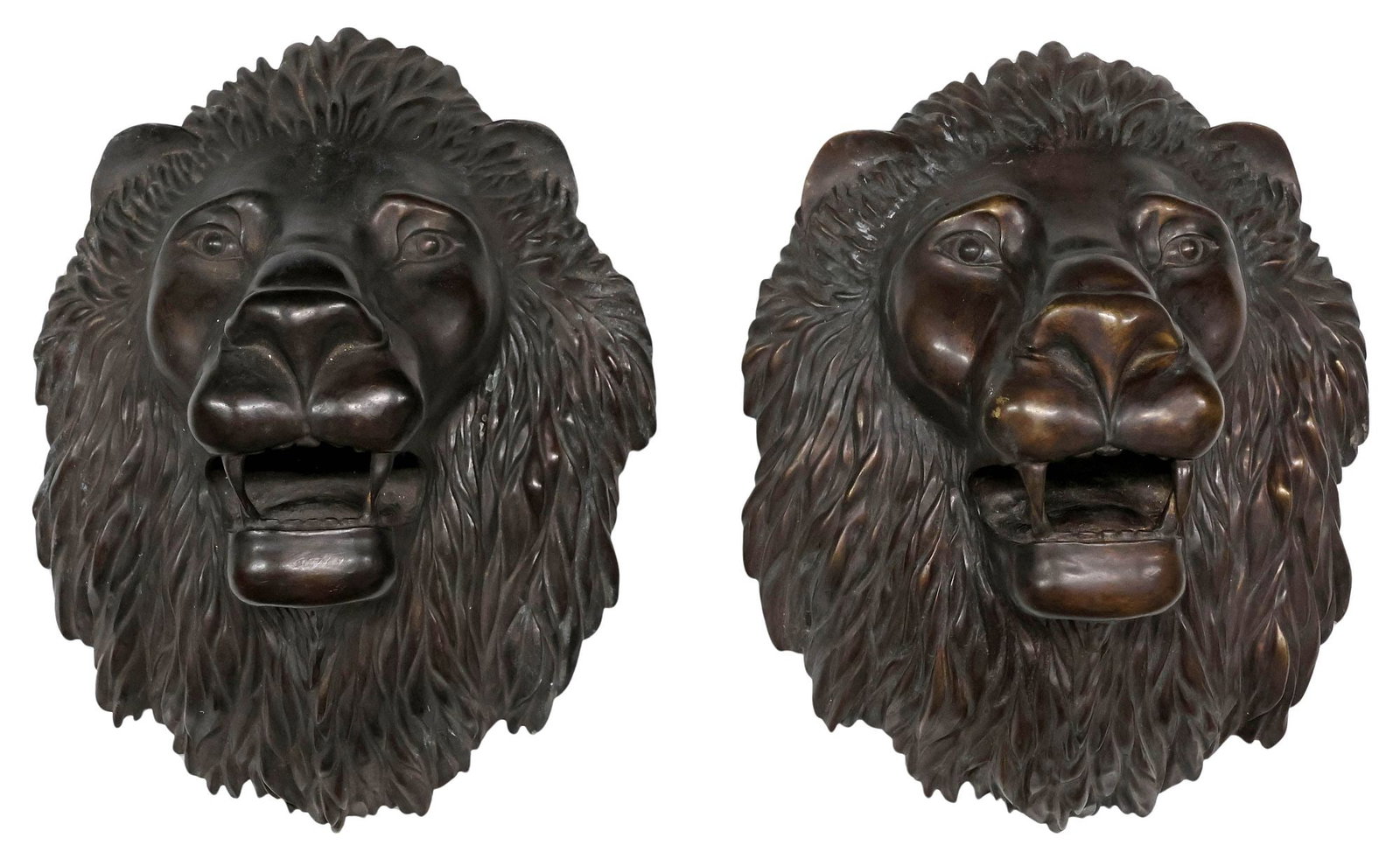 (2) LARGE ARCHITECTURAL PATINATED BRONZE LION MASKS, 18"H (1 of 3)