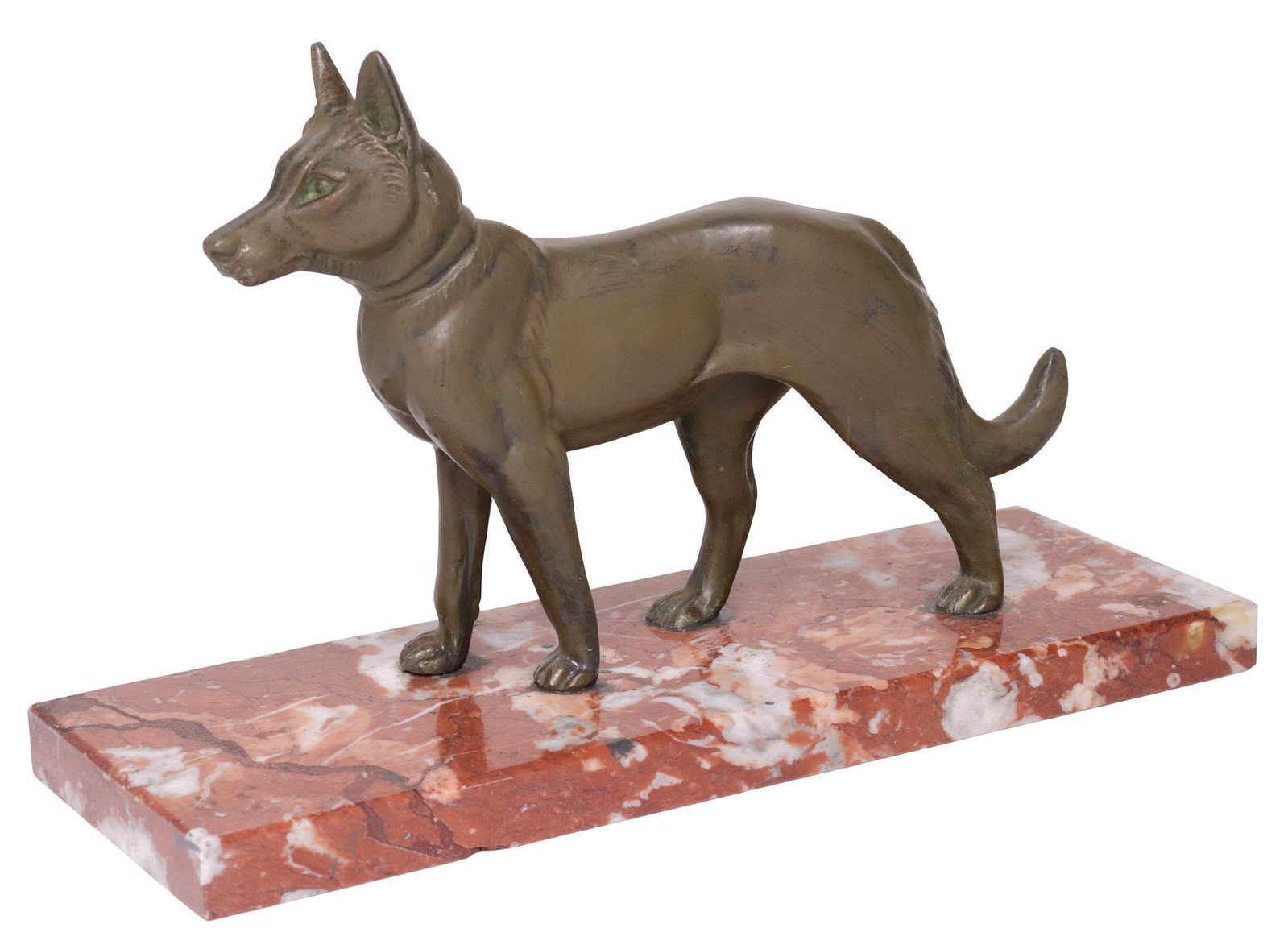 ART DECO PATINATED SPELTER DOG SCULPTURE ON MARBLE BASE, GERMAN SHEPHERD (1 of 4)