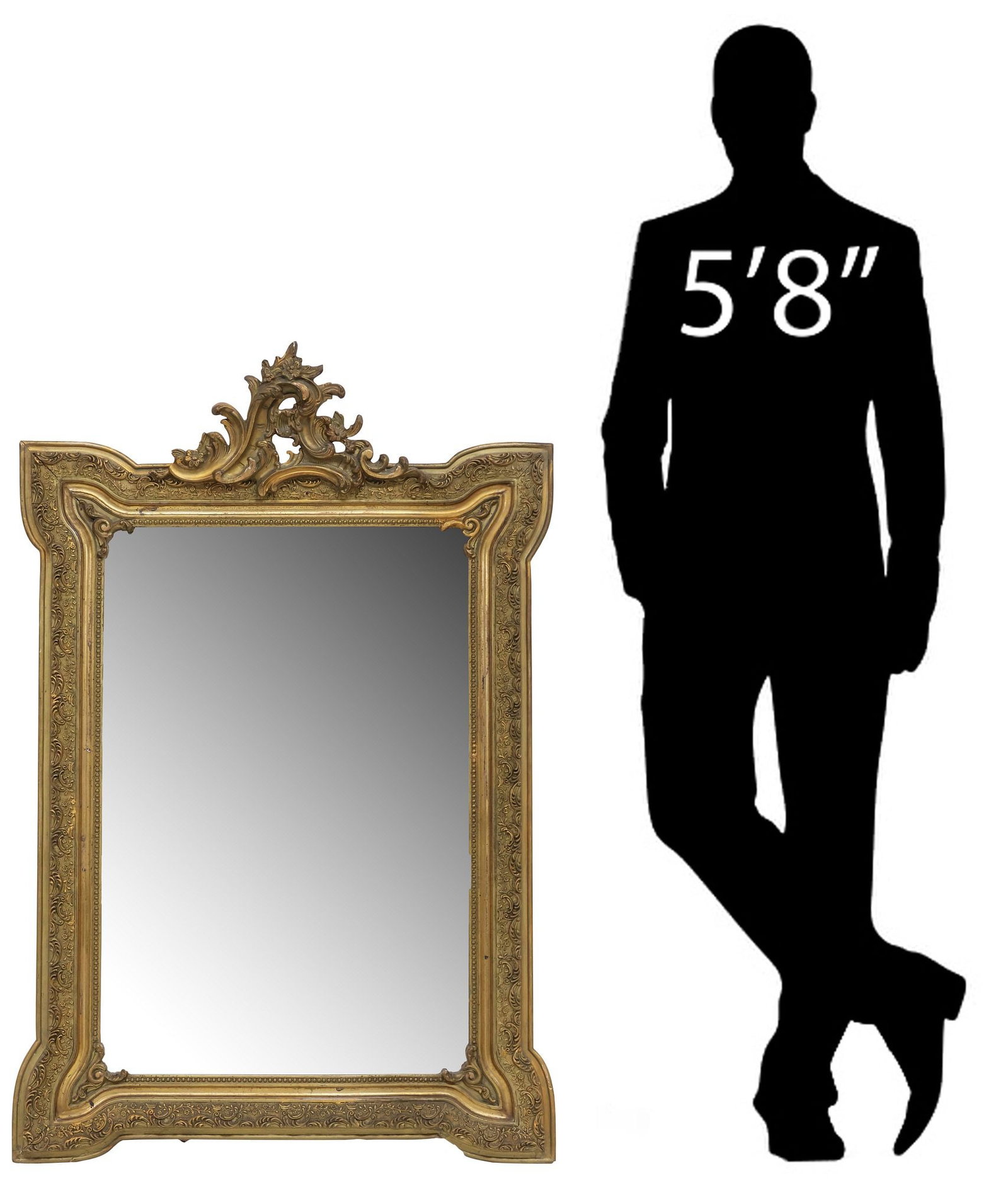ROCOCO REVIVAL GILTWOOD & GESSO WALL MIRROR, 48.5"H: Rococo Revival giltwood and gesso wall mirror, 19th c., shaped foliate-molded frame with pierced scrollwork crest, and beaded trim, encasing flat mirror plate, approx 48.5"h, 32"w, 30lbs