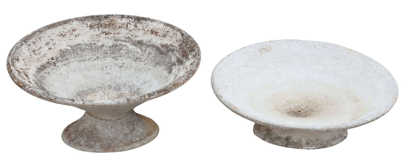 (2) MANNER OF WILLY GUHL MODERNIST OFF-KILTER PLANTERS: (lot of 2) Modernist cast composite garden planters, original design by Willy Guhl (Swiss, 1915-2004), tilted round top, over hourglass shape support, slightly varied sizes, largest: approx 11.5"h, 24