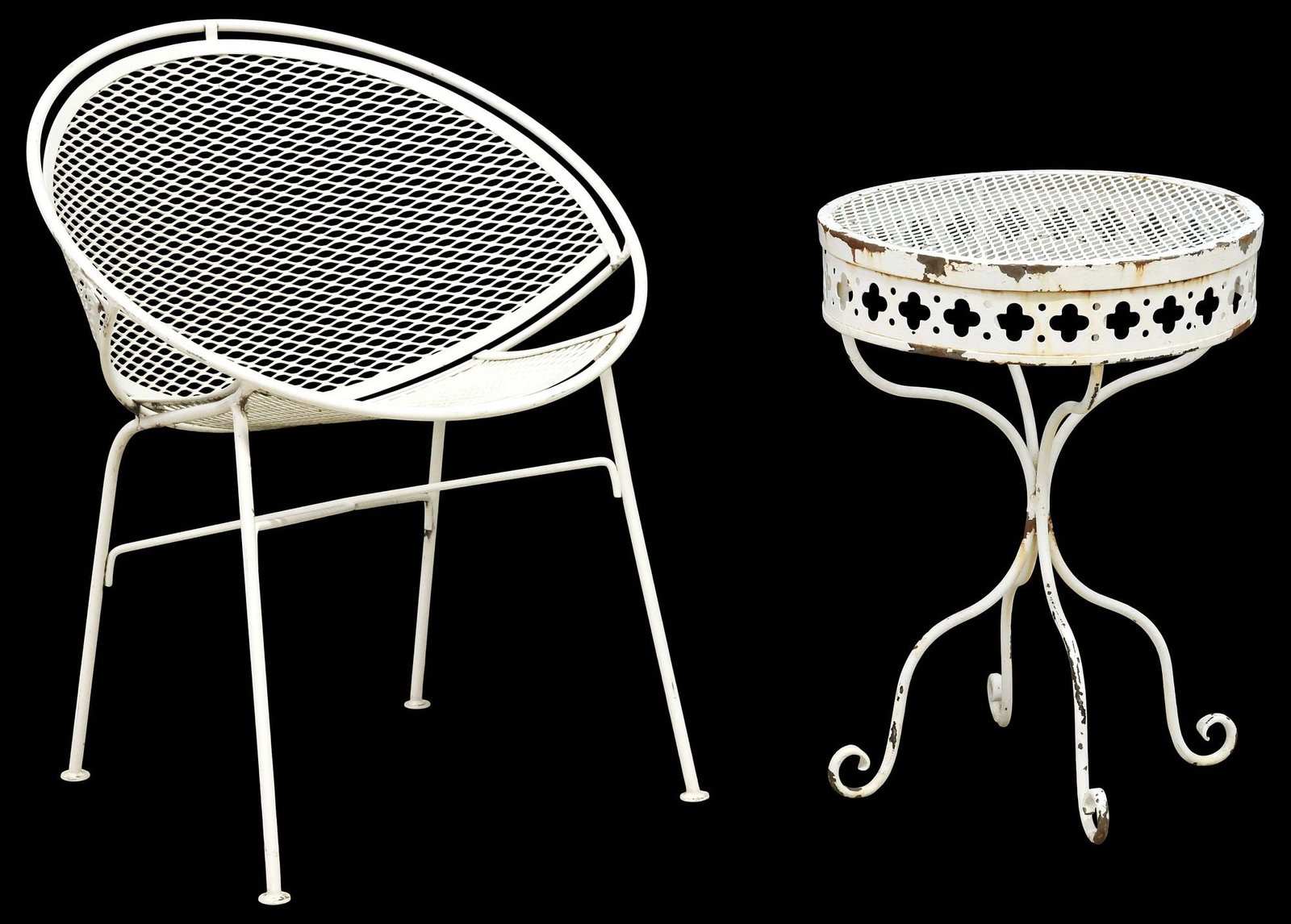 (2) MAURIZIO TEMPESTINI FOR SALTERINI (ATTRIB.) MID-CENTURY IRON CHAIR & SIDE TABLE: (lot of 2) Mid-century modern wrought iron garden/ patio furniture, attributed to Maurizio Tempestini (Italian, 1908-1960) for Salterini, c.1950s, including: (1) "Radar" patio chair, approx 30"h, 25"w