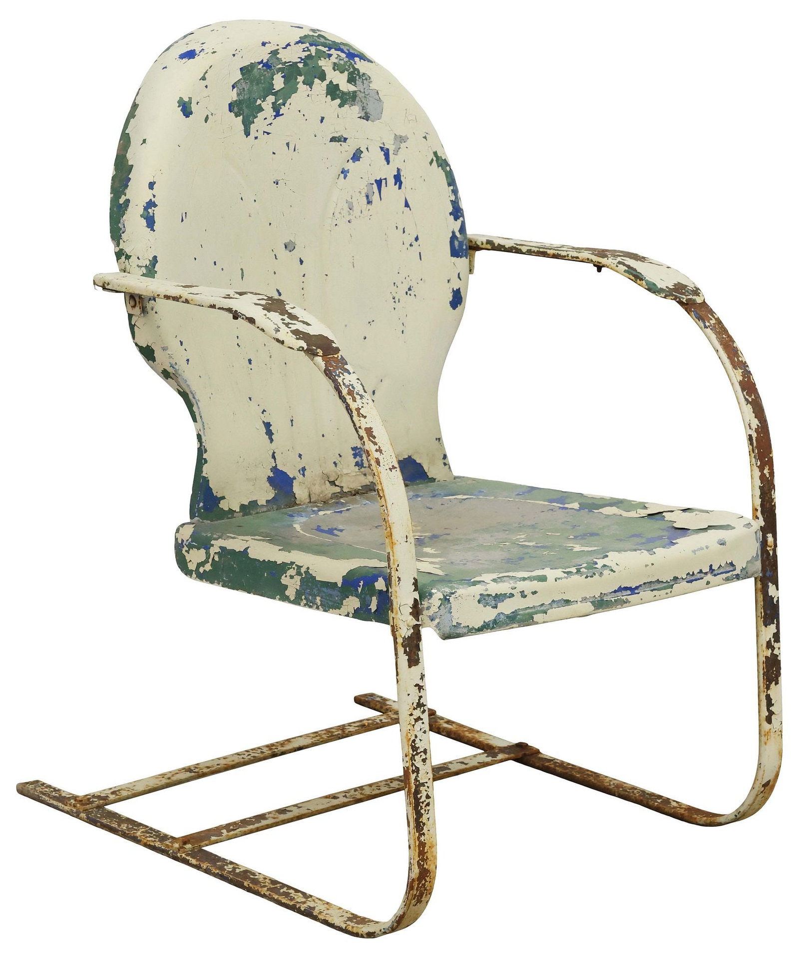 MID-CENTURY SPRING STEEL GARDEN / PATIO ARMCHAIR: Mid-century spring steel patio chair, c.1950s, having clamshell back, later painted white, green, and blue paint layers, approx 35"h, 24.5"w, 27"d, seat height: approx 15"h **PLEASE NOTE: All garden p