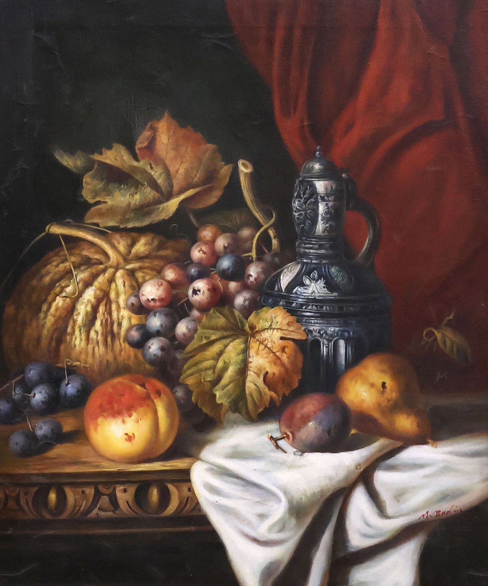 MANNER OF EDWARD LADELL (D.1886) OIL PAINTING, STILL LIFE WITH FRUIT: Framed oil on canvas painting, Still Life with Pumpkin, Grapes, and Ewer, in the style of Edward Ladell (British, 1821-1886), signed lower right M. Budin, housed in an elaborate giltwood frame,