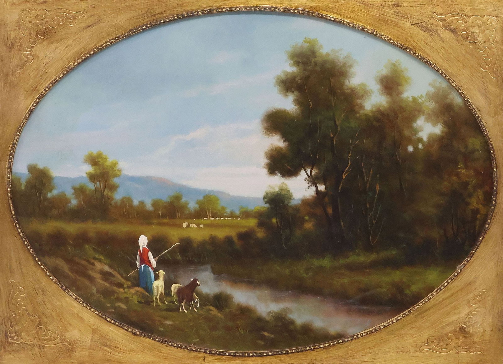 CONTINENTAL SCHOOL GILTWOOD-FRAMED PAINTING, SHEPHERDESS LANDSCAPE: Framed Continental School oil on canvas painting, Shepherdess with Sheep in River Landscape, apparently unsigned, sight: approx 19"h, 26.5"w, overall: approx 27.75"h, 35.5"w, 11.25lbs