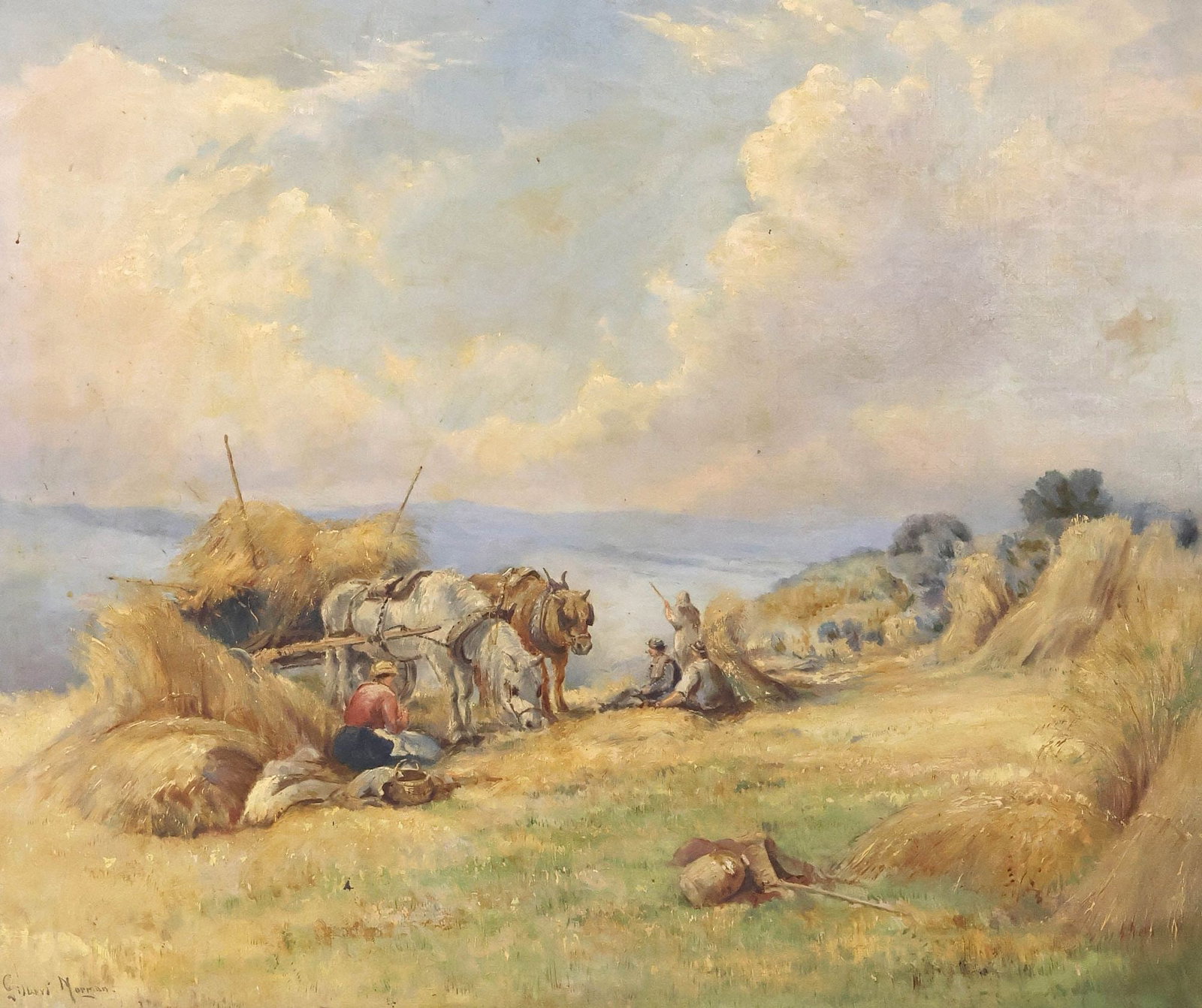 GILBERT NORMAN (ITALIAN, 19TH C.) OIL PAINTING, HAY HARVEST SCENE: Framed oil on canvas painting, The Hay Harvest, signed lower left Gilbert Norman (Italian, 19th c.), sight: approx 24.5"h, 29.25"w, overall: approx 33.5"h, 38.5"w, 16lbs