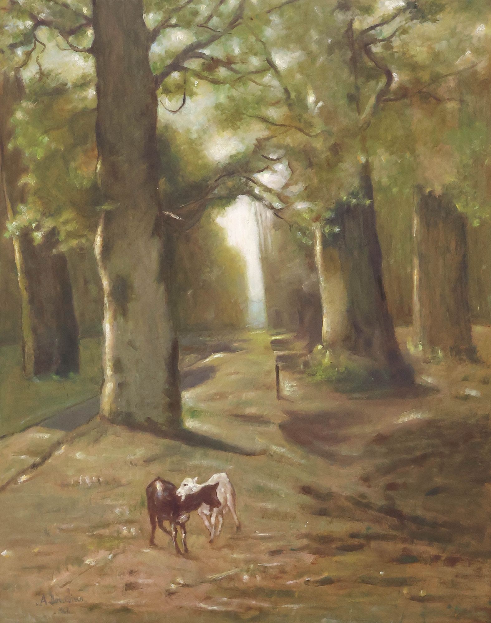 ARMANDO BARABINO (D.1970) PAINTING, GOATS IN AUTUMN LANDSCAPE, 45" X 36": Framed oil on Masonite painting, "Melodia Autumnale (Autumn Melody)," signed lower left A. Barabino (Armando Barabino, Italian, 1883-1970), dated 1967, titled in pen on inscribed label adhered to