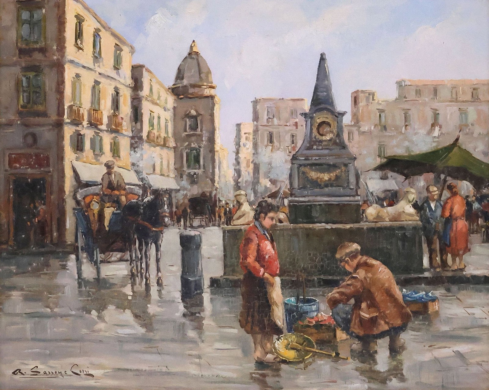 RENATO SASSONE CORSI (ITALIAN, 20TH C.) PAINTING, STREET VENDOR SCENE: Framed oil on board painting, Impressionist Street Vendor Scene, signed lower left R. Sassone Corsi (Renato Sassone Corsi, Italian, 20th c.), sight: approx 15.25"h, 19"w, overall: approx 27.75"h,