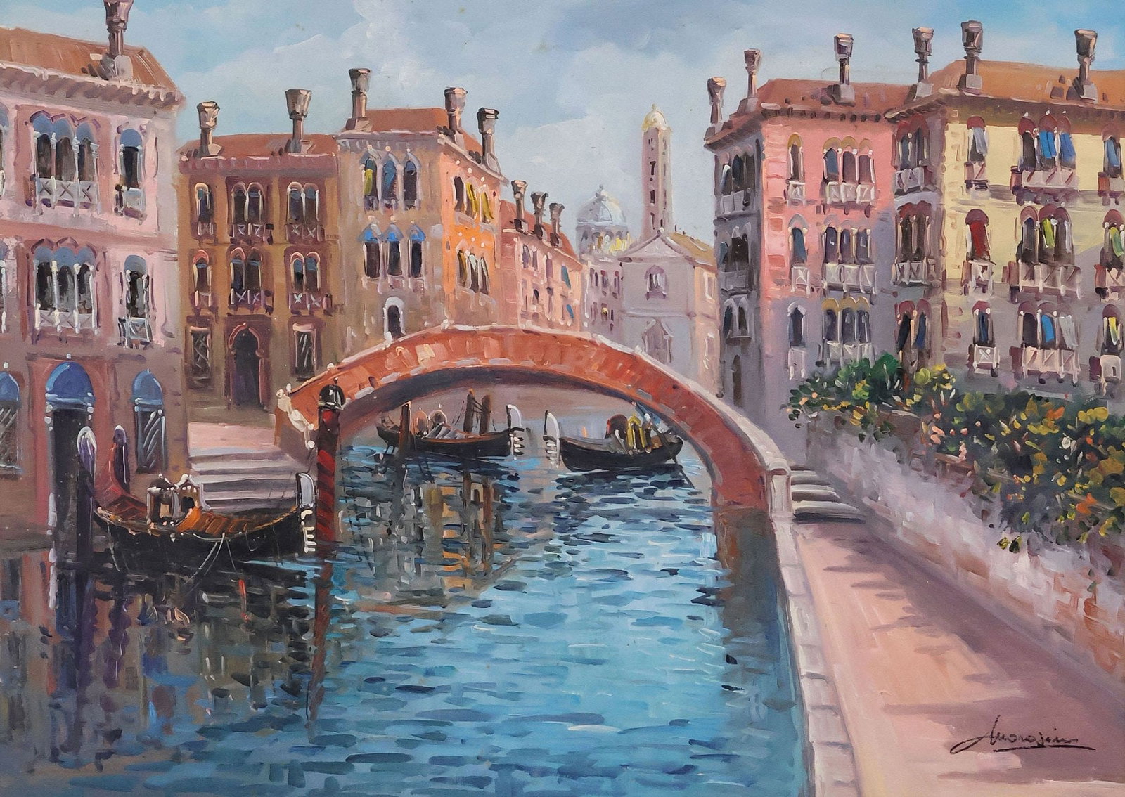 SIGNED MOROSINI ITALIAN SCHOOL OIL PAINTING, VENETIAN CANAL SCENE: Framed oil on canvas painting, Impressionist Venetian Street Scene, signed lower right Morosini (Italian, 20th c.), sight: approx 19.25"h, 27"w, overall: approx 28.5"h, 26.25"w, 12.25lbs
